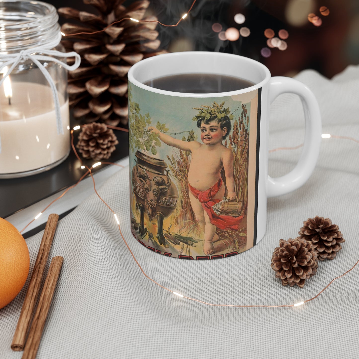 Bock beer boy standing to the right of a vat, which is inscribed hops malt, holding hops over the vat Beautiful Novelty Ceramic Coffee Mug 11oz