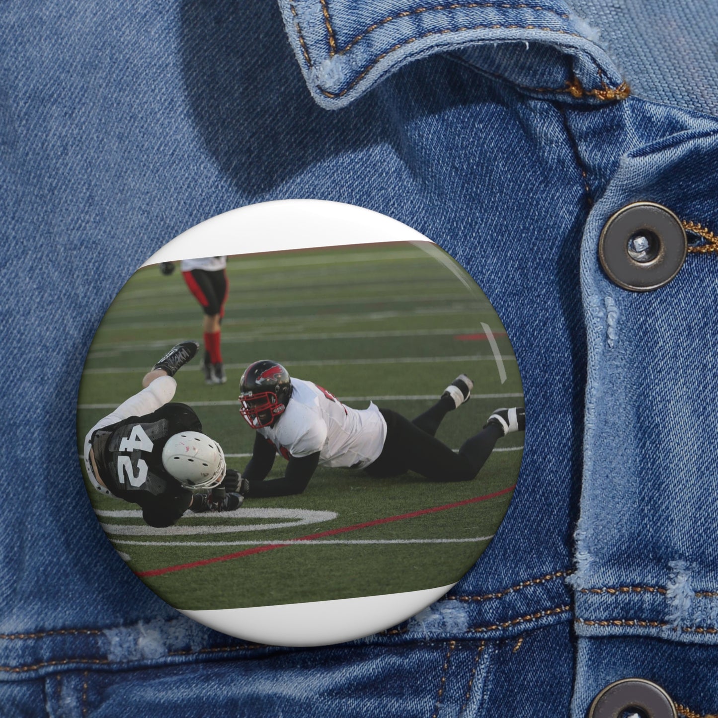 Fred Spencer, Falcons defensive lineman, trips up a Pin Buttons with Crisp Design