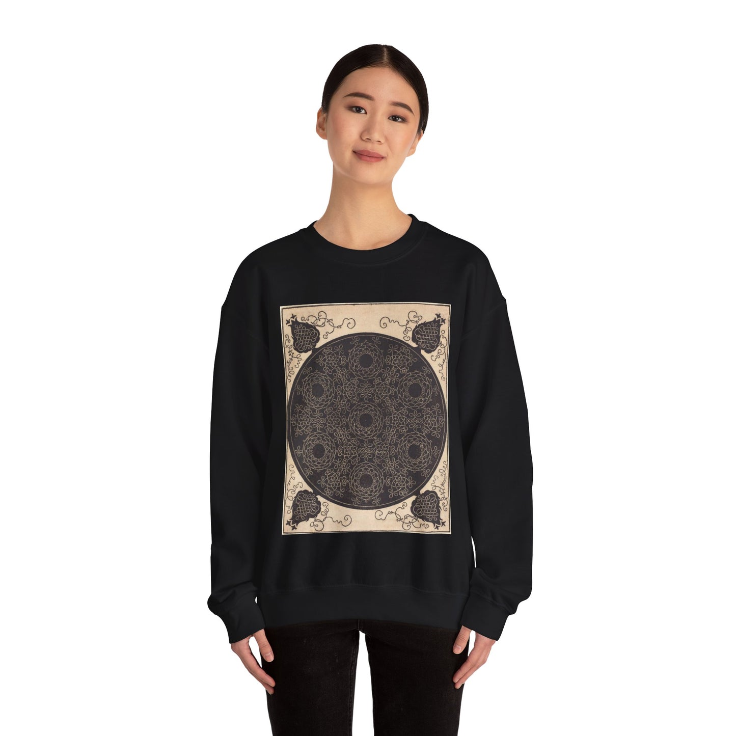 The Fourth Knot (combining seven circular groups of knots with black centers) Black Heavy Blend Adult Crew Neck SweatShirt