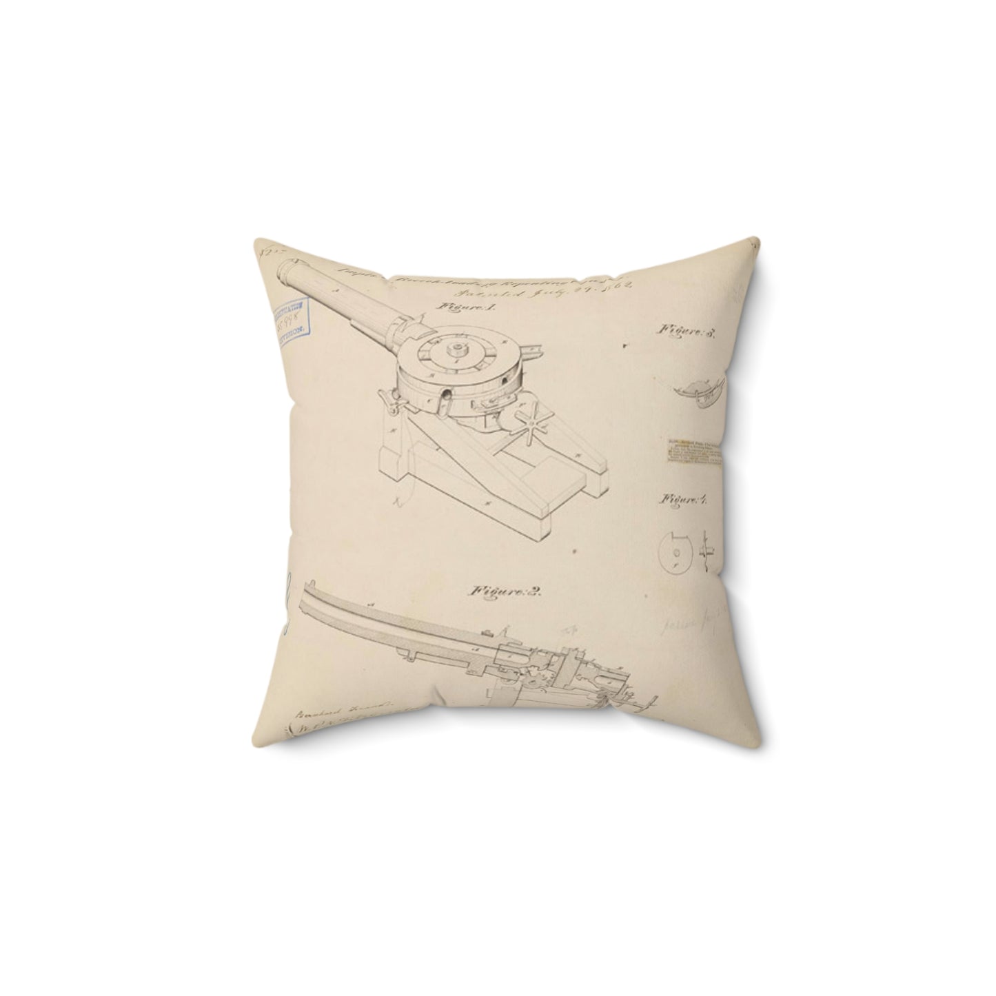 Patent drawing - Drawing of Improvements in Breech-Loading Repeating Cannon Public domain  image Decorative Accent Square Pillow