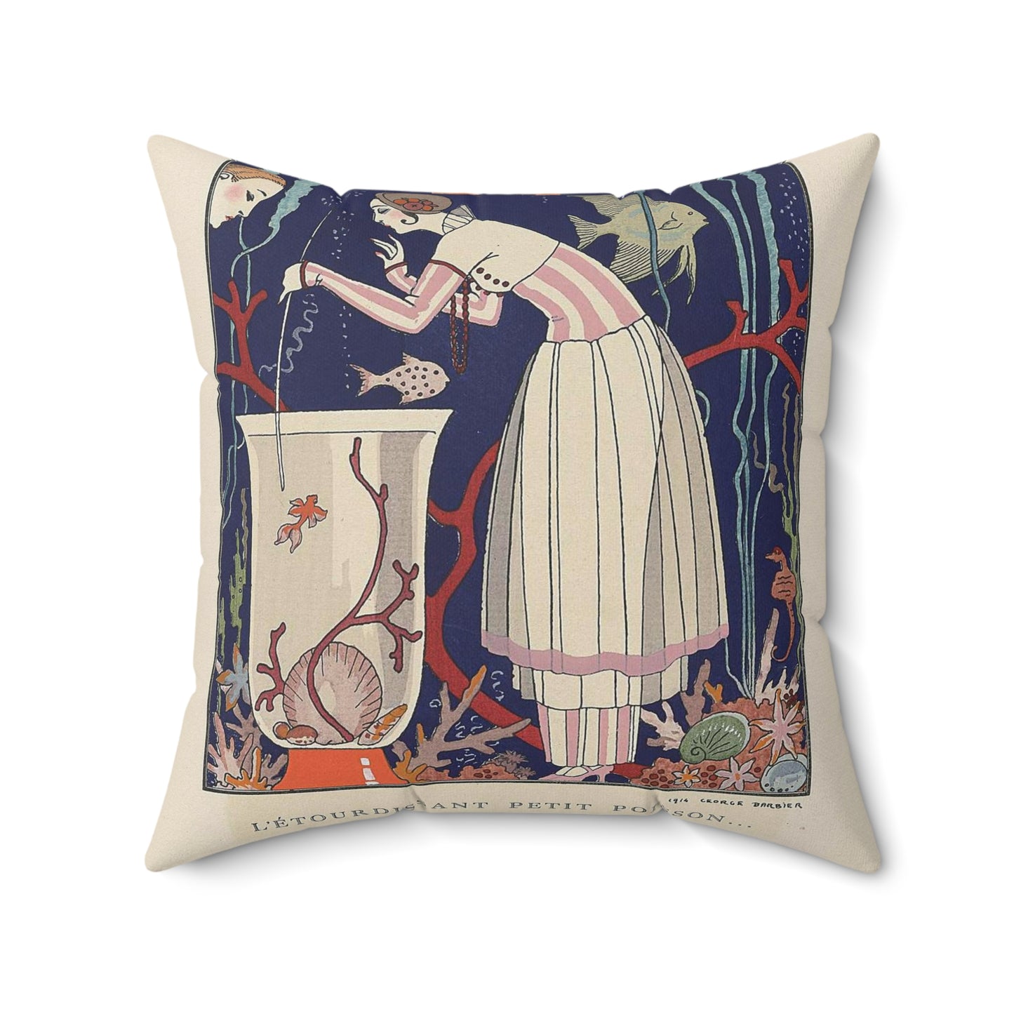 Gazette du Bon Ton, 1914 - No. 5, Pl. 44: L'étourdissant petit poisson (...) / Robe d'été Decorative Accent Square Pillow