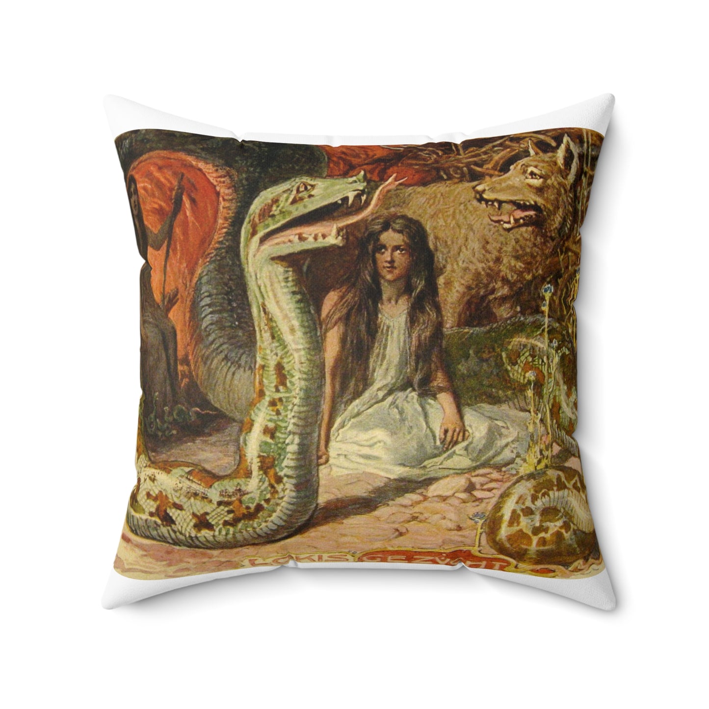 Lokis Gezücht - A painting of a woman sitting in front of a snake Decorative Accent Square Pillow