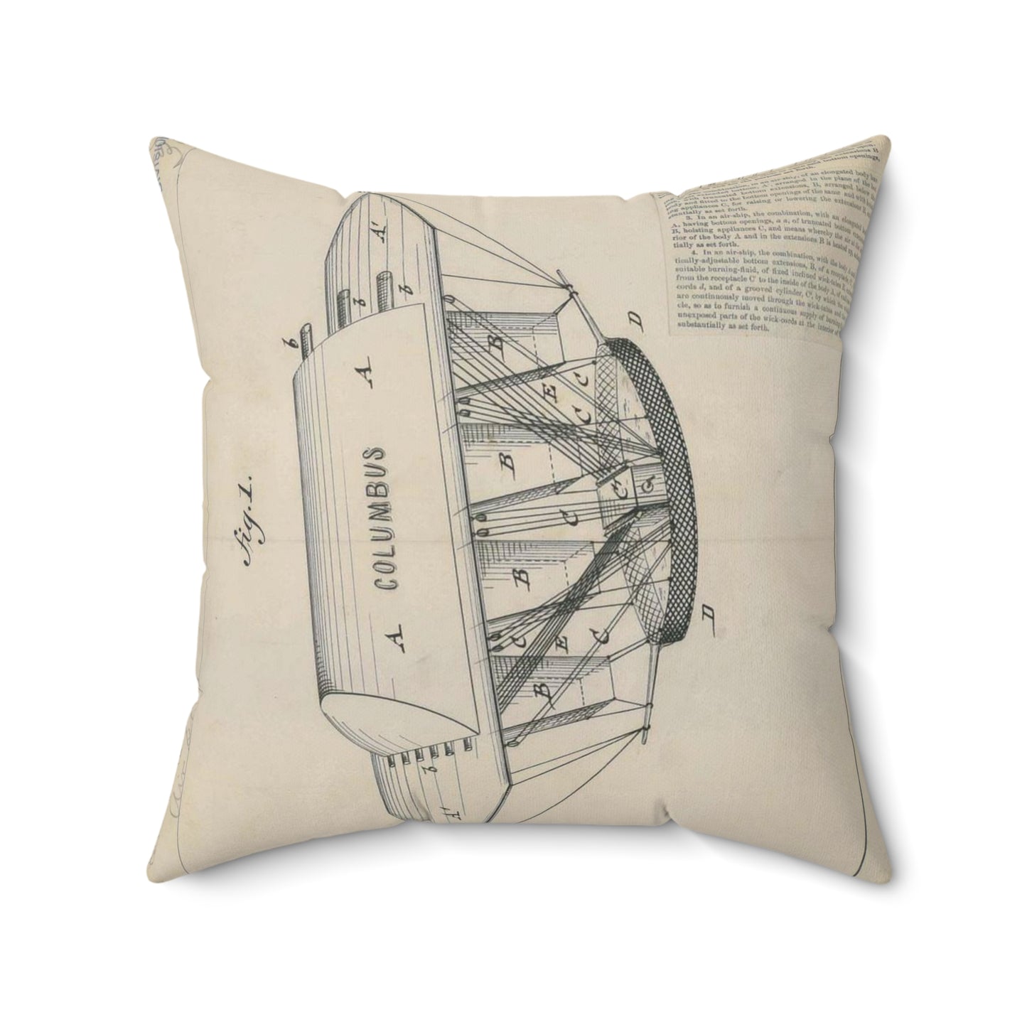 Patent drawing - for C. P. Fest's Air Ship Public domain  image Decorative Accent Square Pillow