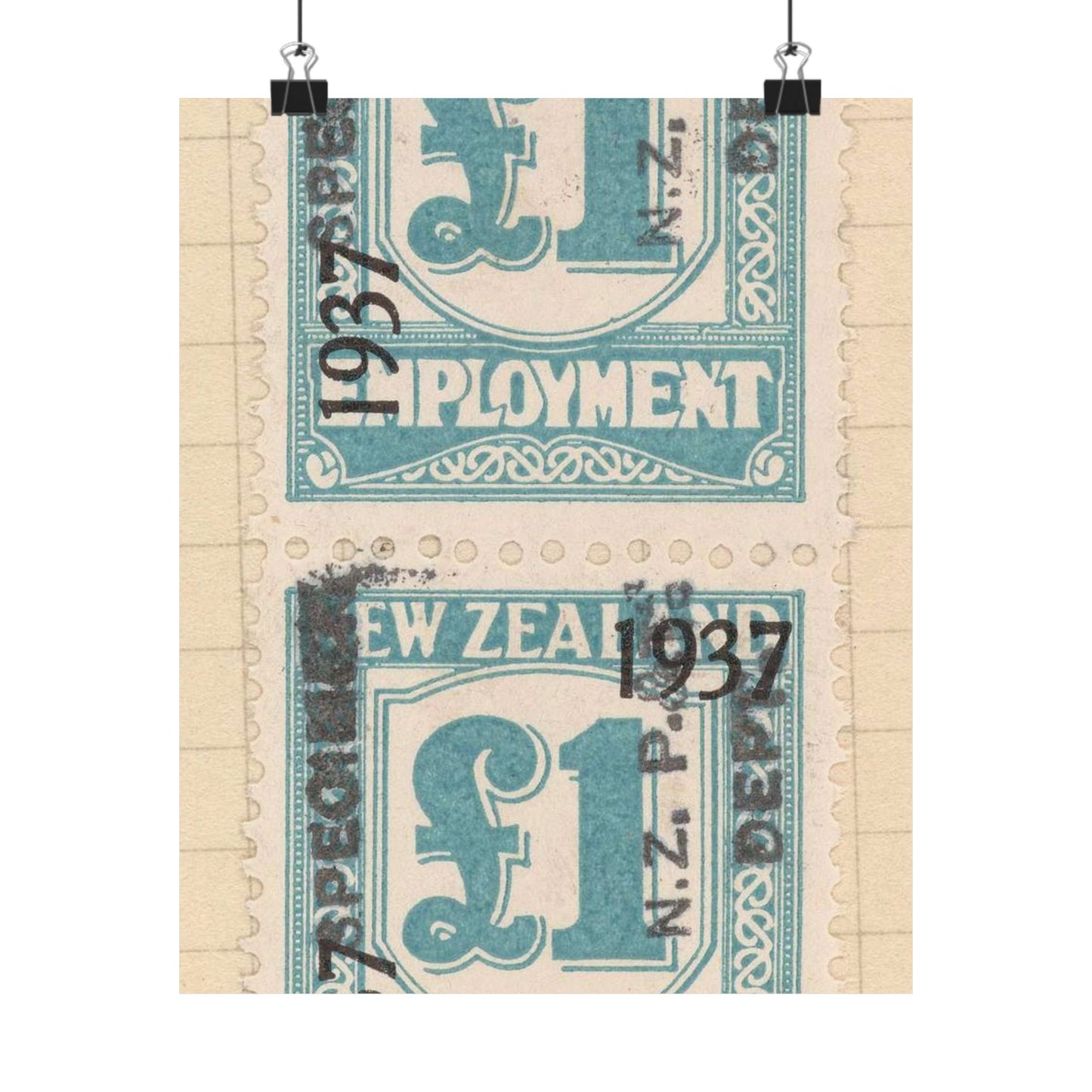 Block of one pound Unemployment Relief stamps overprinted '1937' and 'Specimen' High Quality Matte Wall Art Poster for Home, Office, Classroom