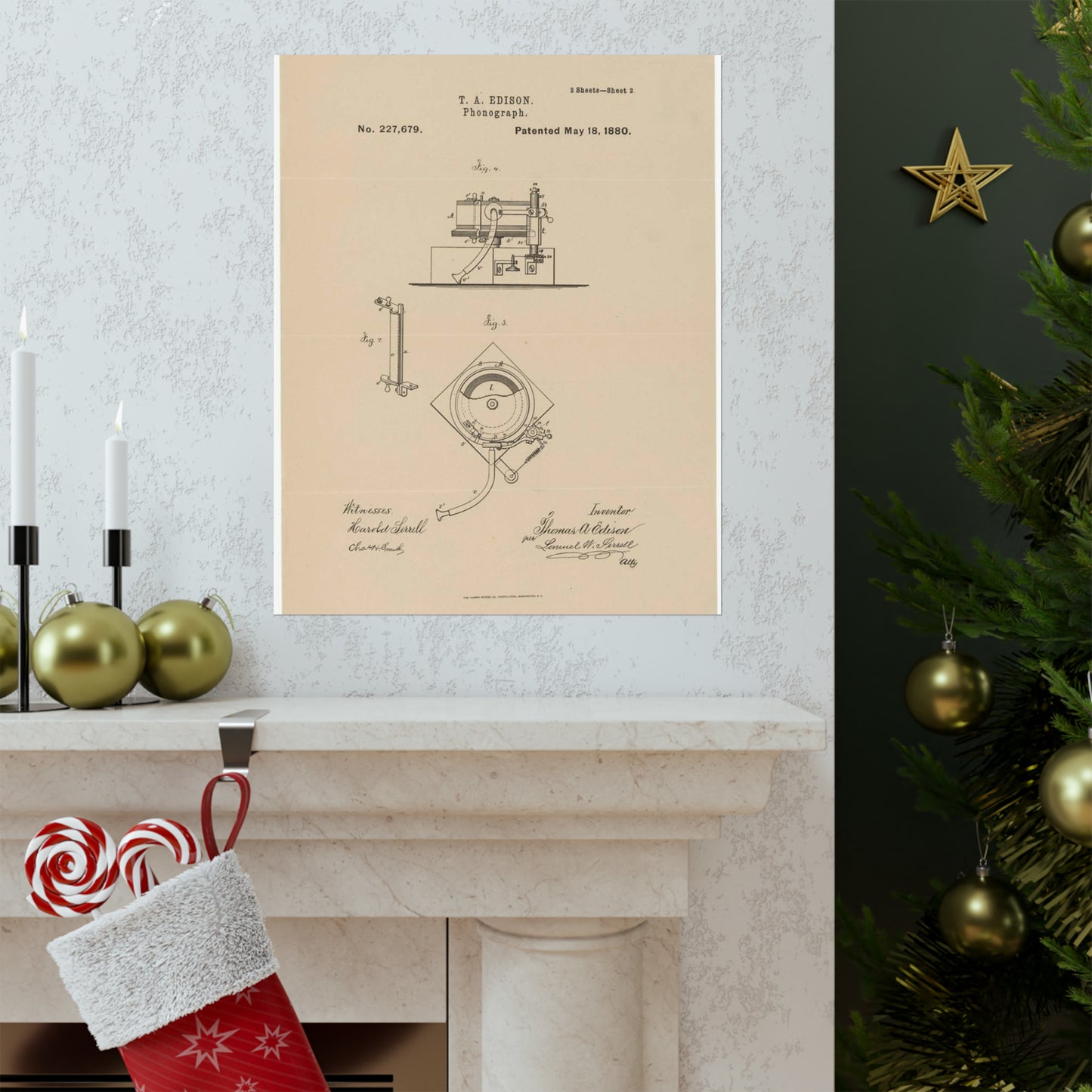 Patent Drawing of Engine - Drawing for a Phonograph Public domain  image High Quality Matte Wall Art Poster for Home, Office, Classroom