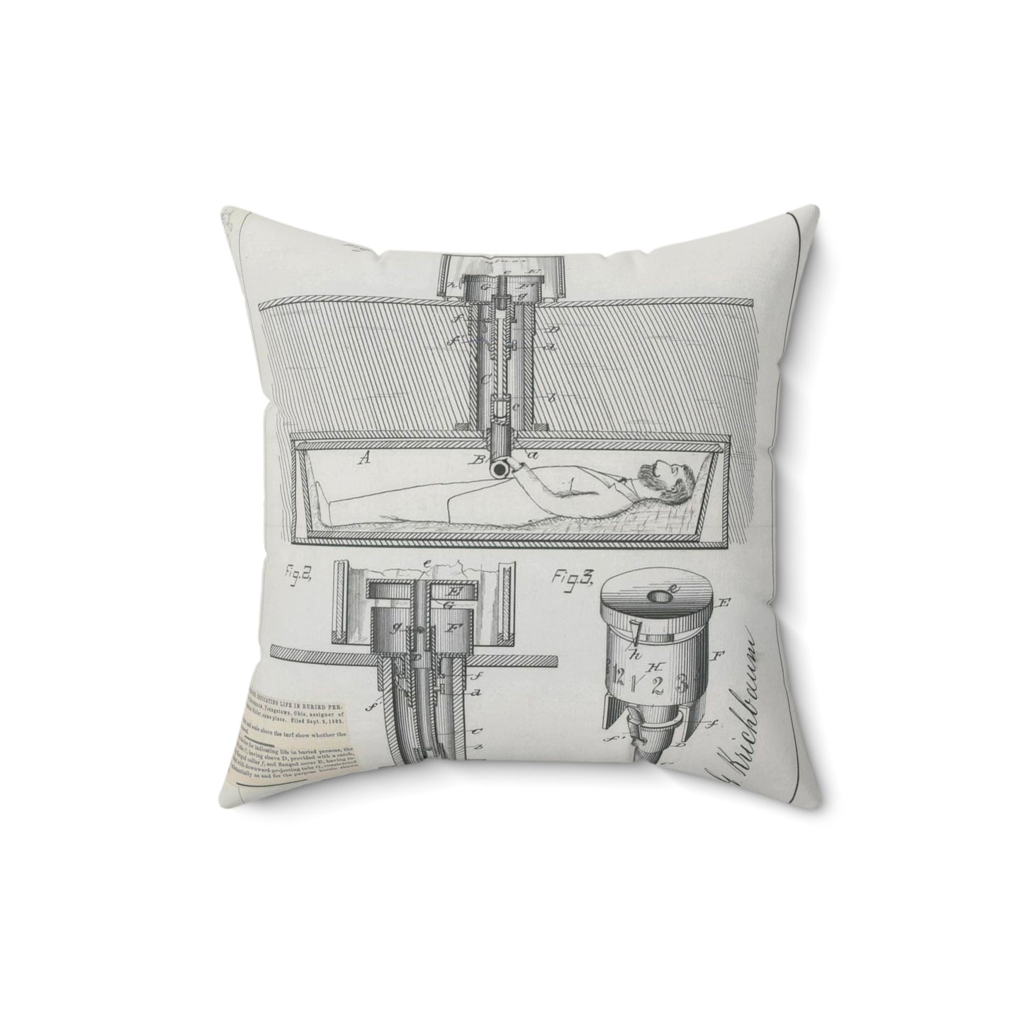 Patent drawing - for J. G. Krichbaum's Device for Indicating Life in Buried Persons Public domain  image Decorative Accent Square Pillow