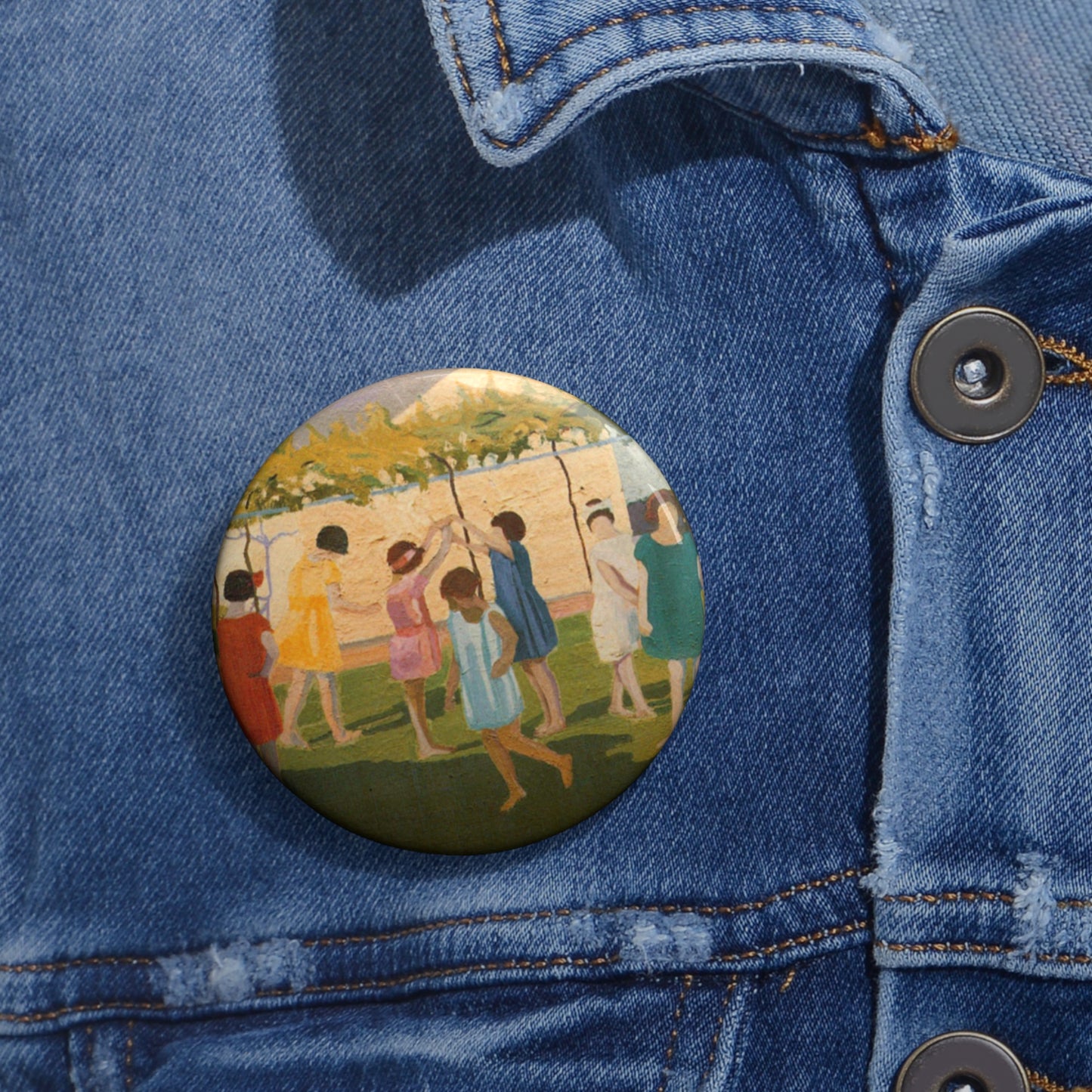 Petrona Viera - A painting of a group of children playing with a kite Pin Buttons with Crisp Design