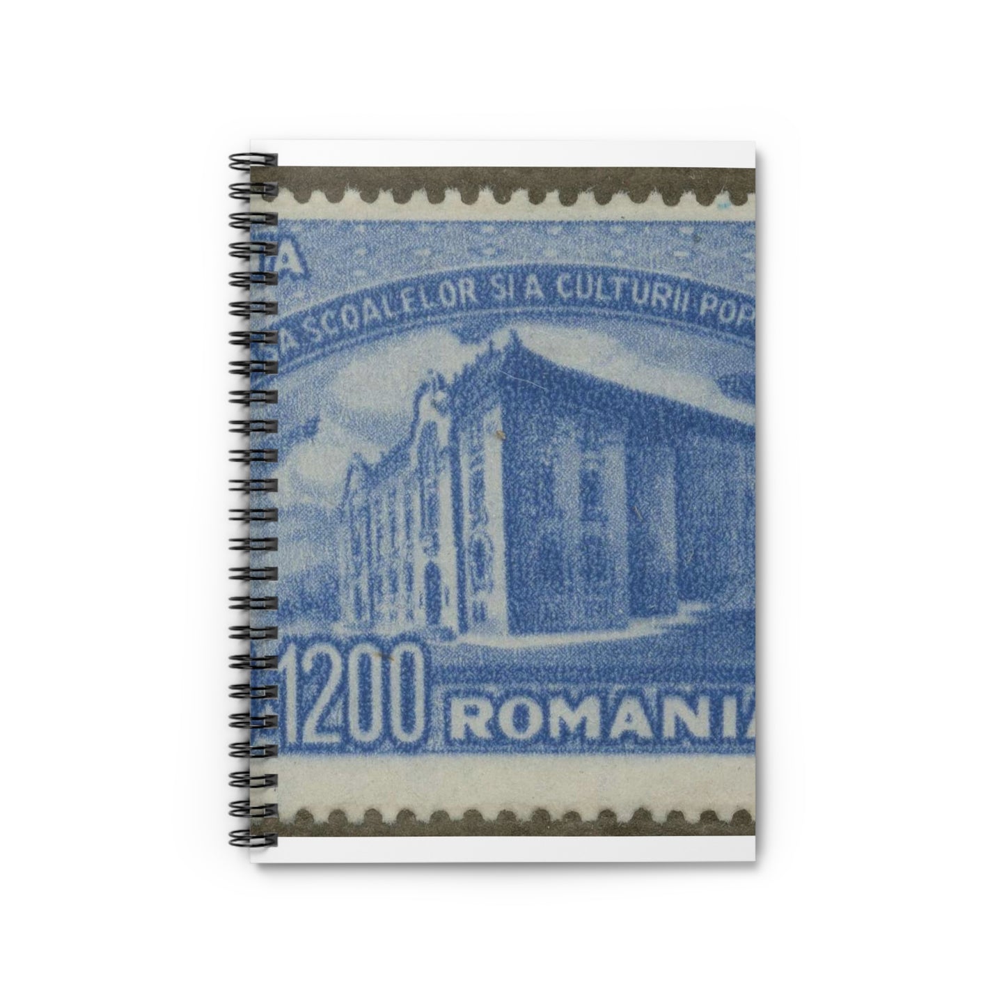 Frimärke ur Gösta Bodmans filatelistiska motivsamling, påbörjad 1950.Frimärke från Rumänien, 1947. Motiv av skola för social undervisning. "Propaganda för folkupplysning". Spiral Bound Ruled Notebook with Printed Cover
