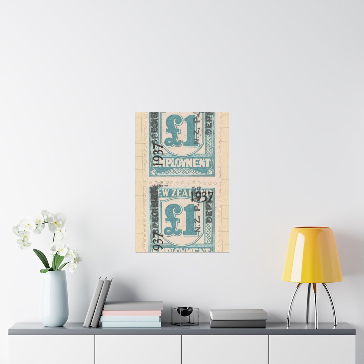 Block of one pound Unemployment Relief stamps overprinted '1937' and 'Specimen' High Quality Matte Wall Art Poster for Home, Office, Classroom