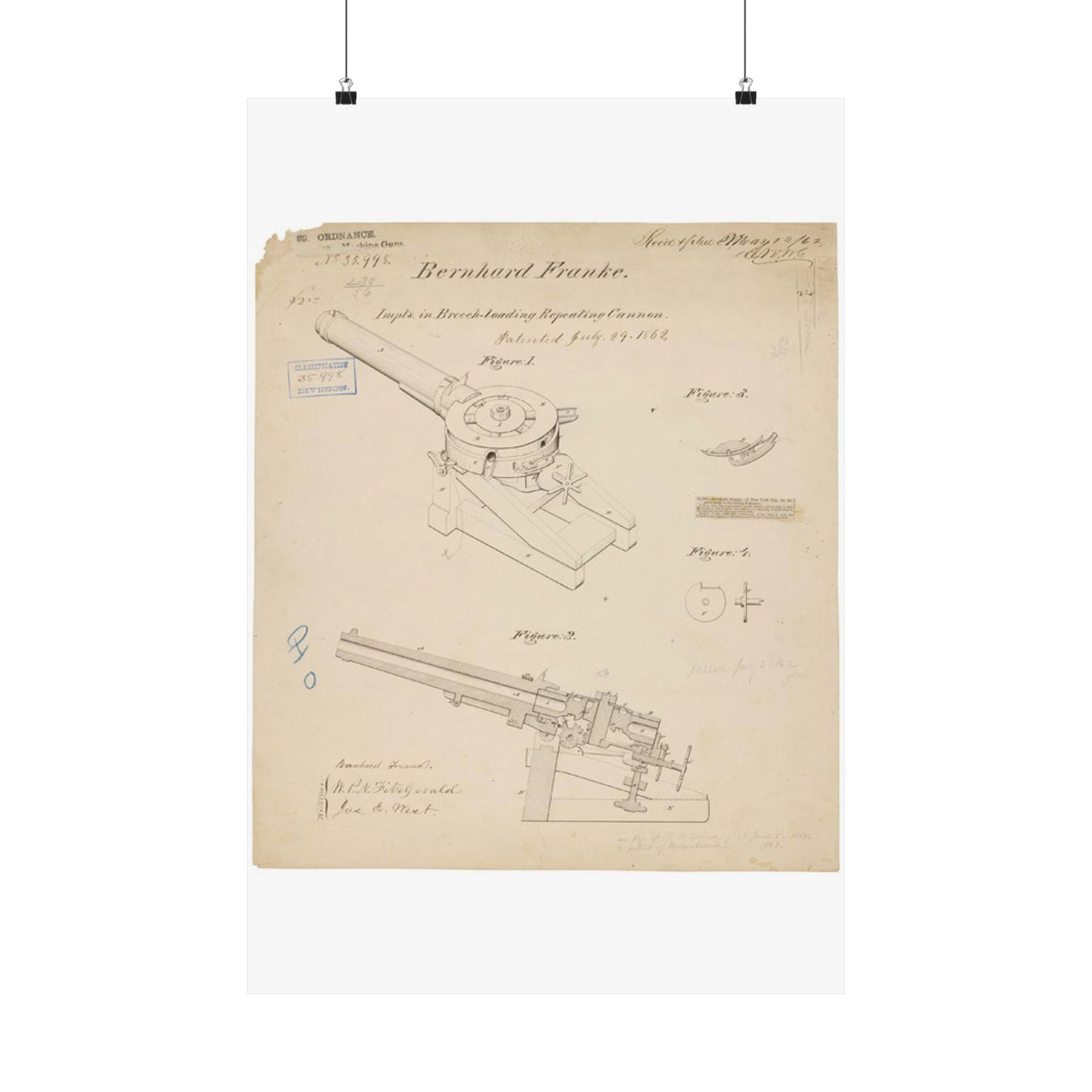 Patent drawing - Drawing of Improvements in Breech-Loading Repeating Cannon Public domain  image High Quality Matte Wall Art Poster for Home, Office, Classroom