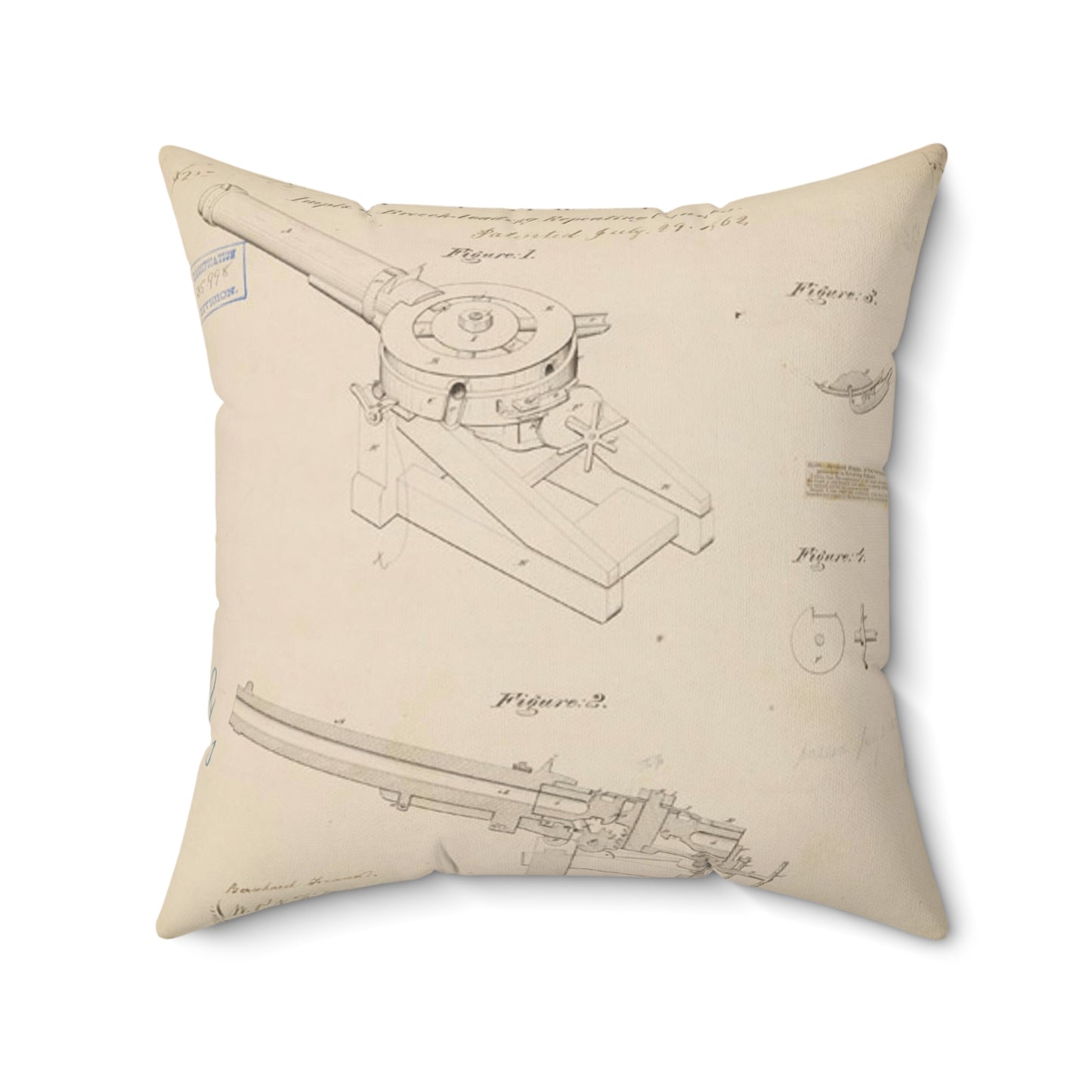 Patent drawing - Drawing of Improvements in Breech-Loading Repeating Cannon Public domain  image Decorative Accent Square Pillow