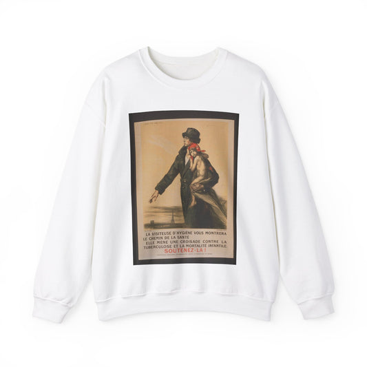 La visiteuse d'hygiéne vous montrera le chemin de la santé. Elle mène une croisade contre la tuberculose et la mortalité infantile. Soutenez-la! White Heavy Blend Adult Crew Neck SweatShirt