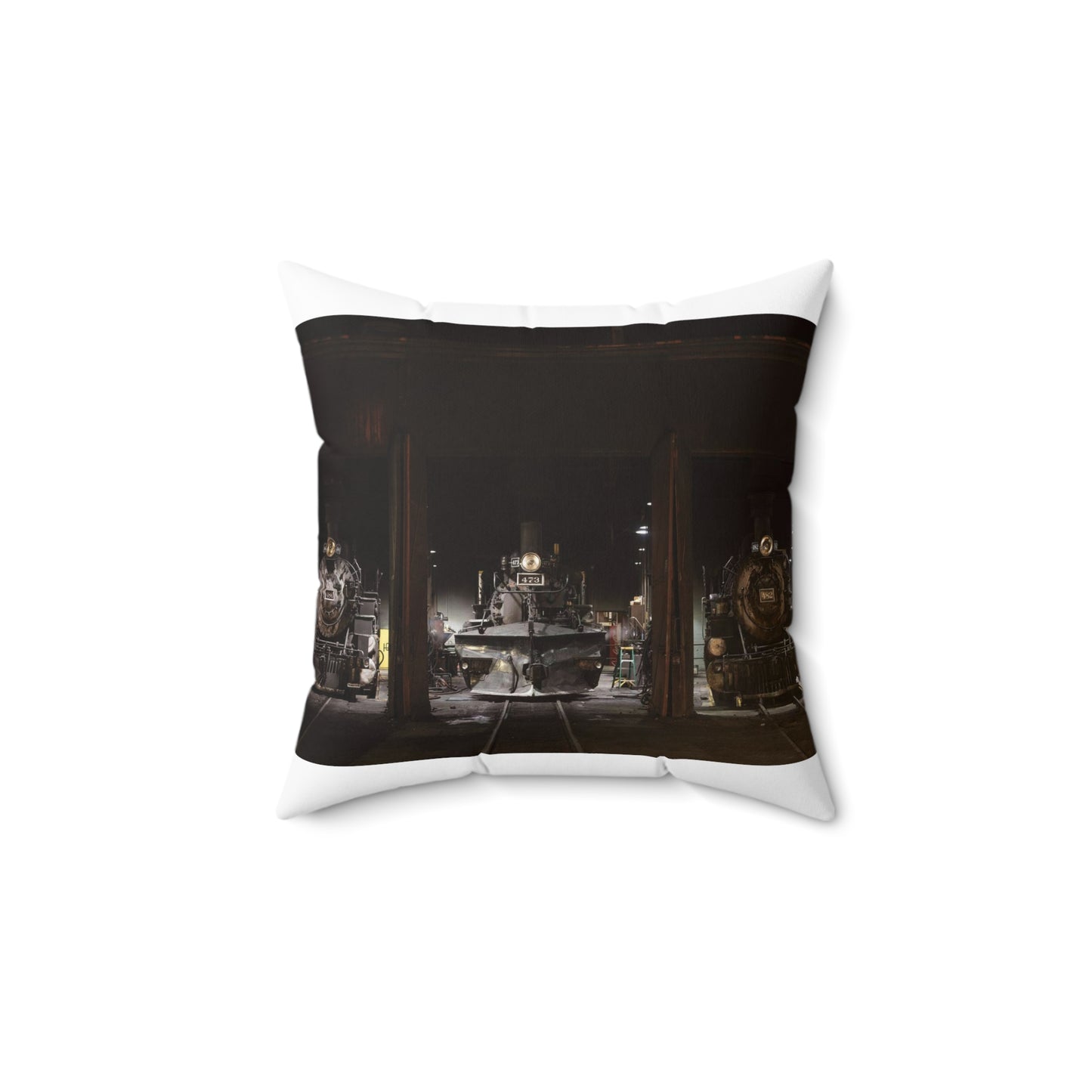 Steam locomotives in the roundhouse of the Durango & Silverton Narrow Gauge Scenic Railroad in Durango, Colorado Decorative Accent Square Pillow