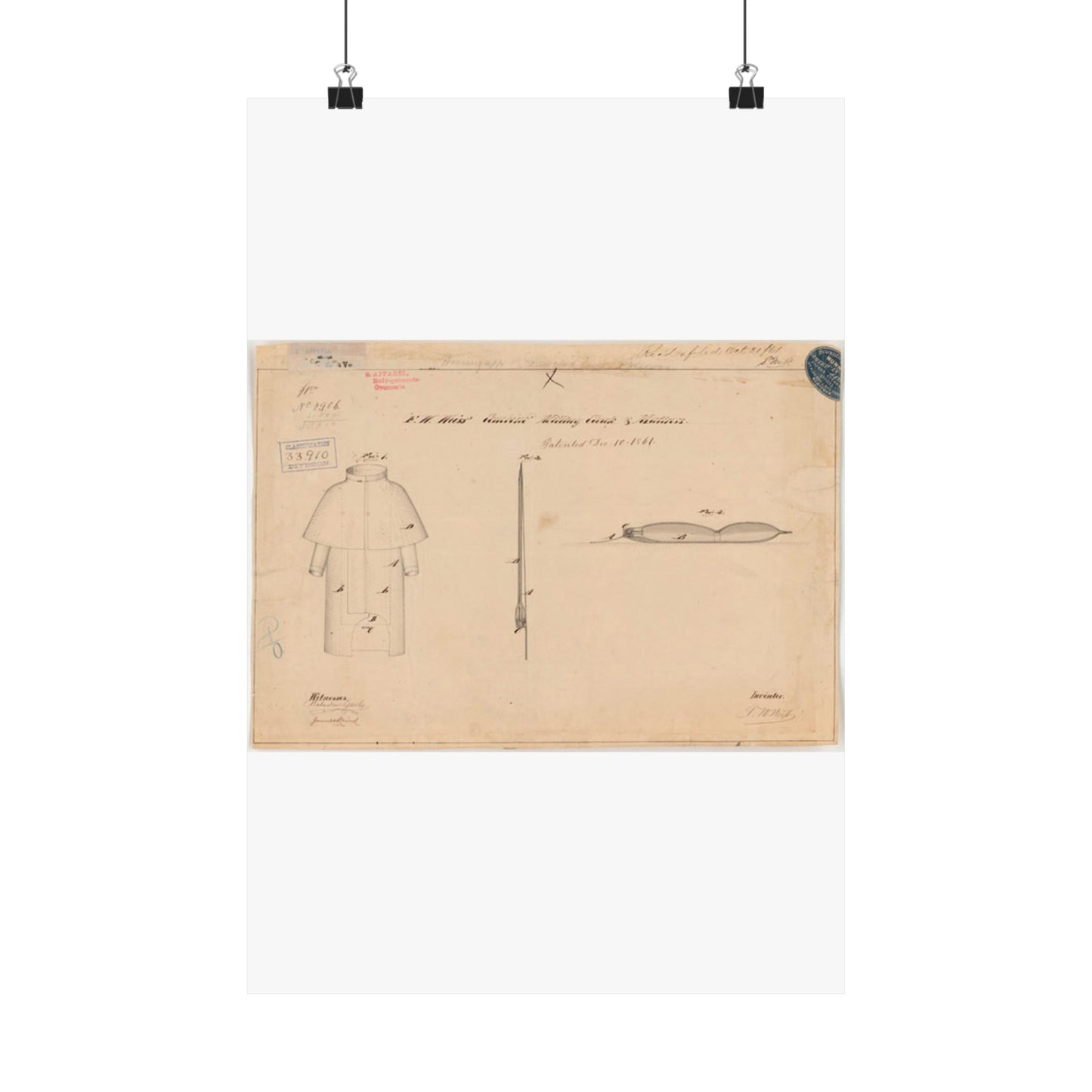 Patent drawing - Drawing of Combined Military Cloak and Mattress Public domain  image High Quality Matte Wall Art Poster for Home, Office, Classroom