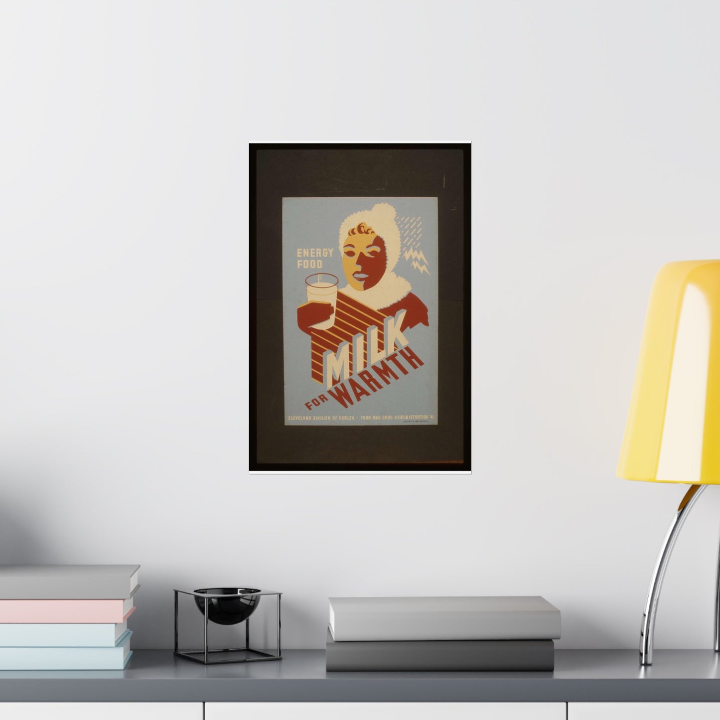 Milk - for warmth Energy food. - WPA poster, Public domain, Library of Congress High Quality Matte Wall Art Poster for Home, Office, Classroom