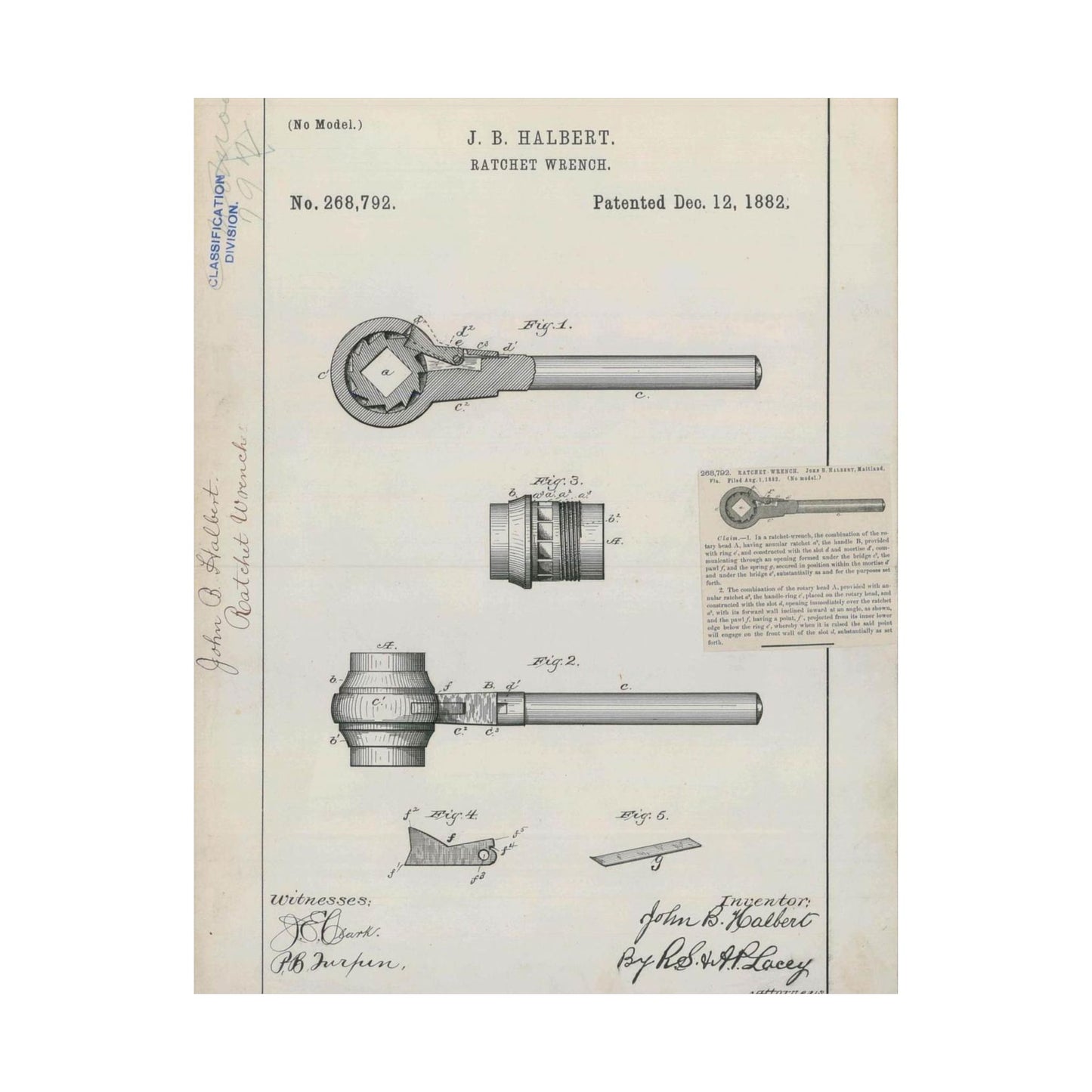 Patent Drawing of Engine - for J. B. Halbert's Ratchet Wrench Public domain  image High Quality Matte Wall Art Poster for Home, Office, Classroom