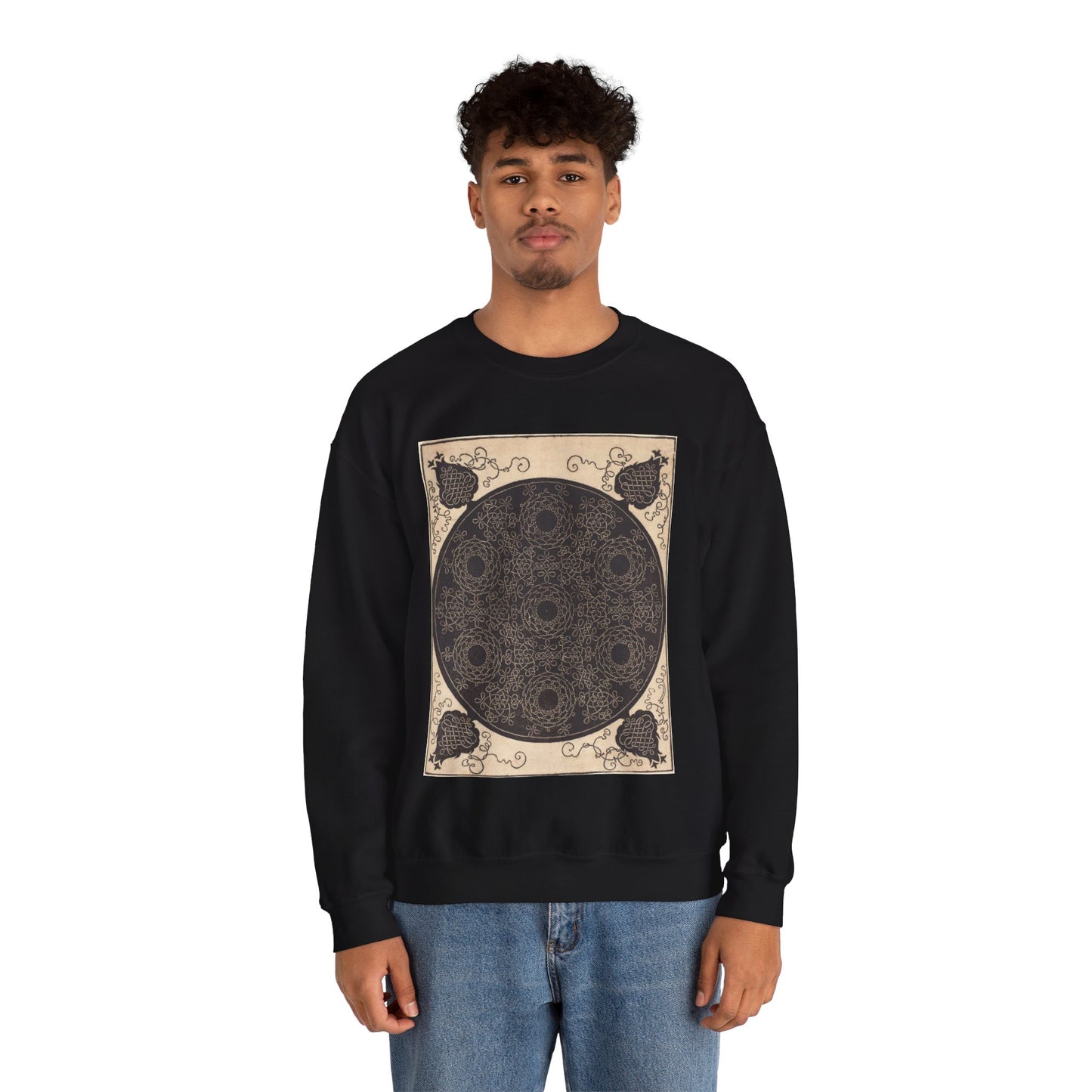 The Fourth Knot (combining seven circular groups of knots with black centers) Black Heavy Blend Adult Crew Neck SweatShirt