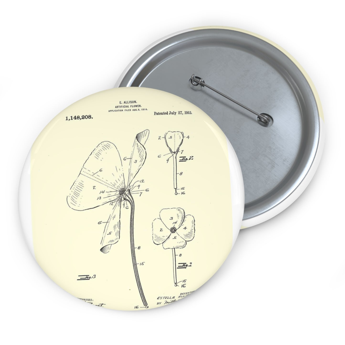 Patent Case File No. 1,148,208, Artificial Flower, Inventor- Estelle Allison. - DPLA - 1b60beaeeab0bcff0148a73366060d98 (page 20) Pin Buttons with Crisp Design