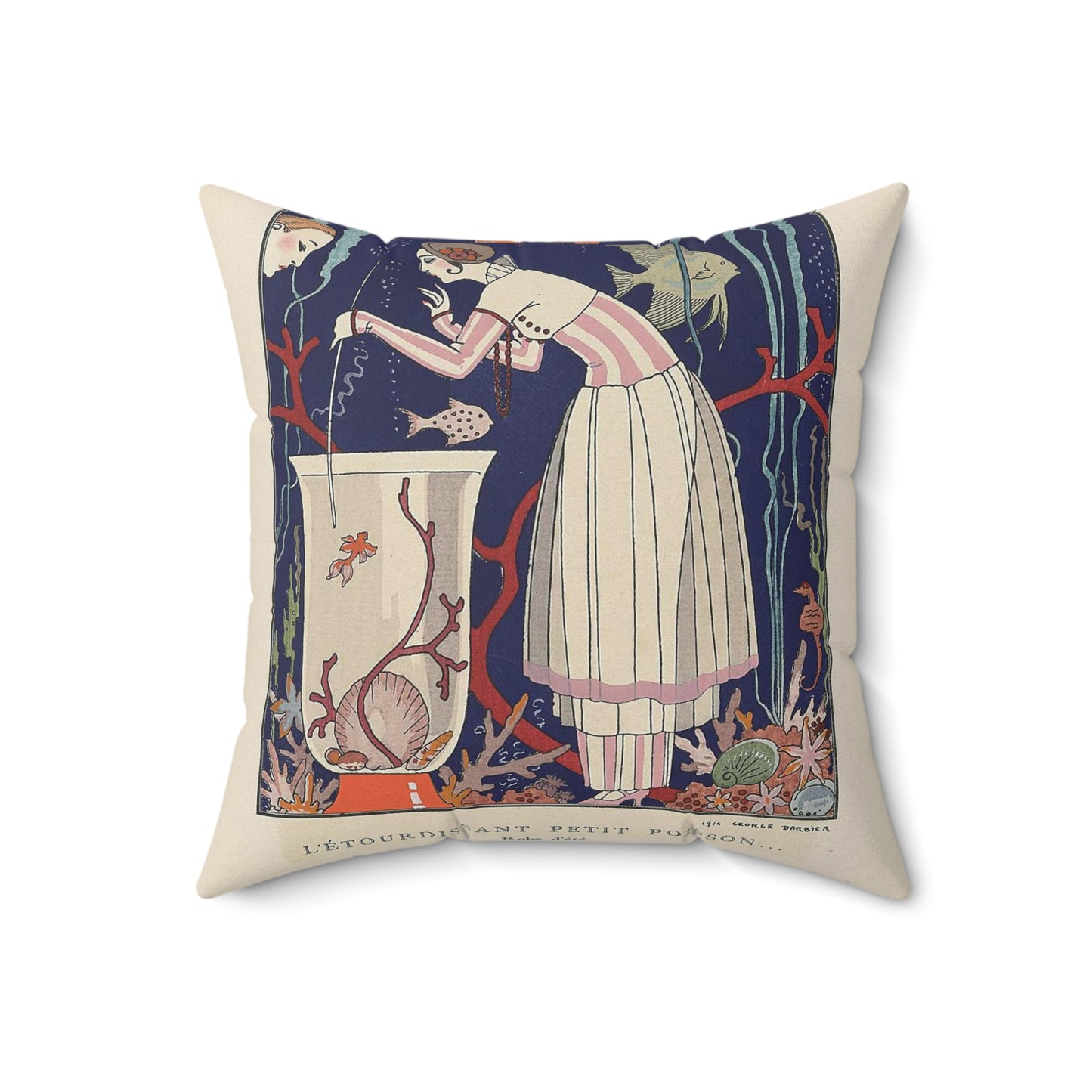 Gazette du Bon Ton, 1914 - No. 5, Pl. 44: L'étourdissant petit poisson (...) / Robe d'été Decorative Accent Square Pillow