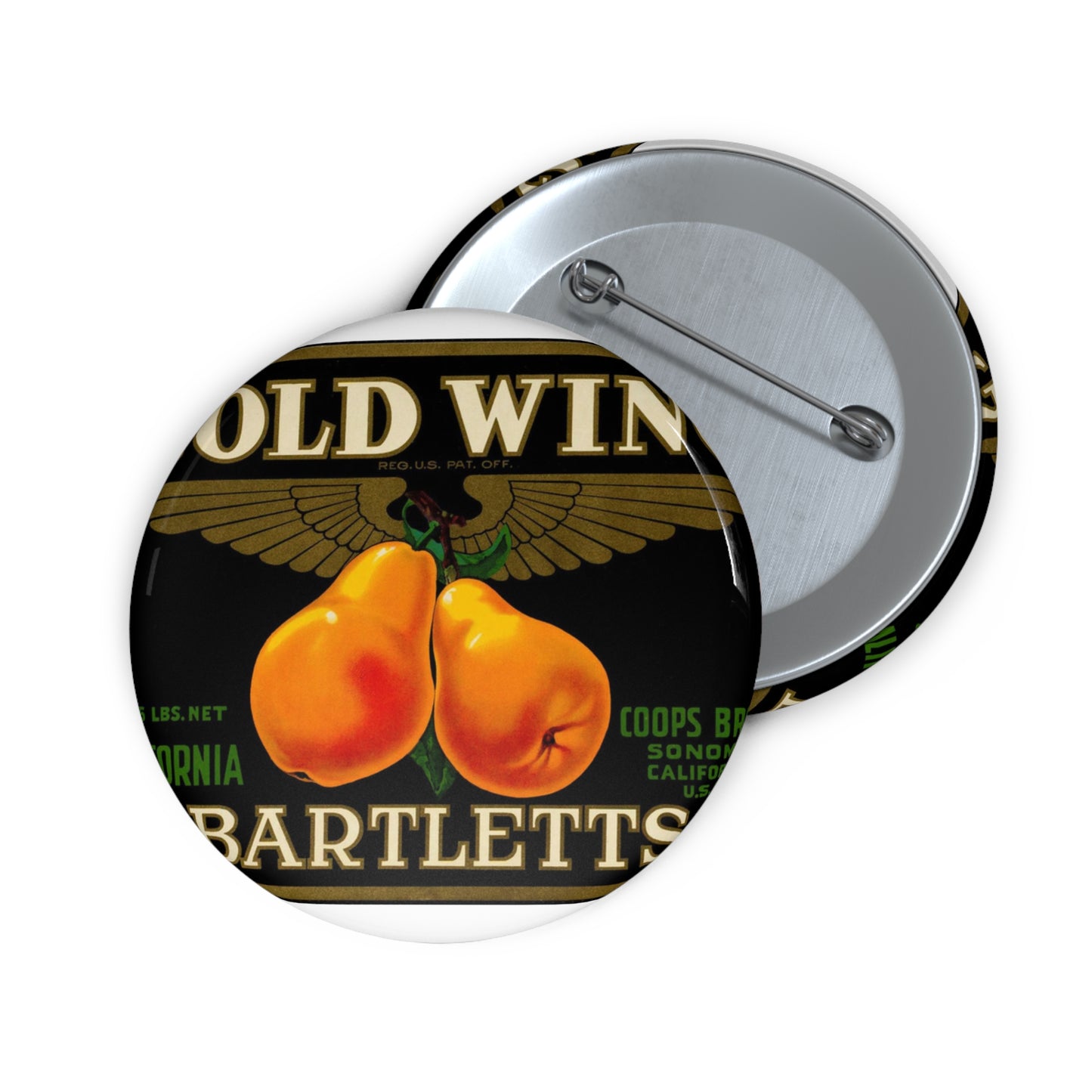 Gold Wing: Bartletts, California, Coops Bros., Sonoma, California, U.S.A. Pin Buttons with Crisp Design