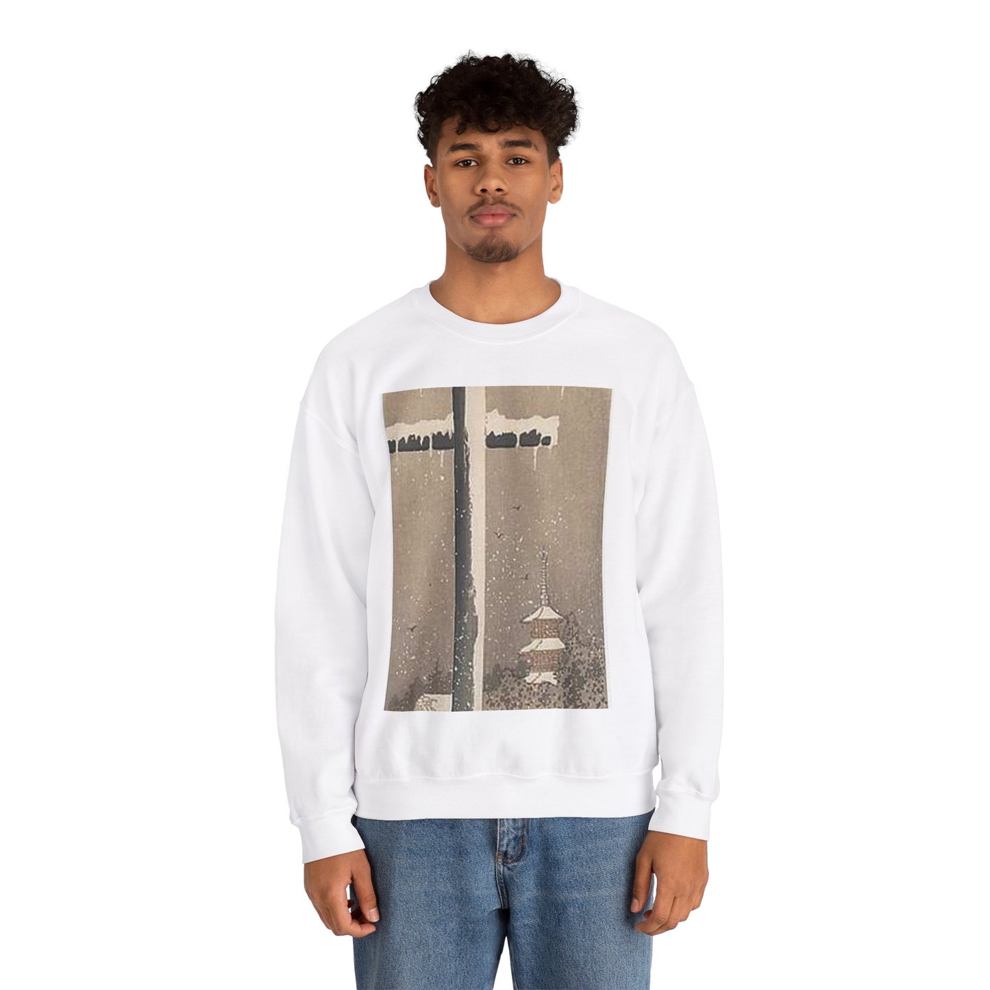 Koson - torii-and-crow-in-the-snow, Ohara Koson White Heavy Blend Adult Crew Neck SweatShirt