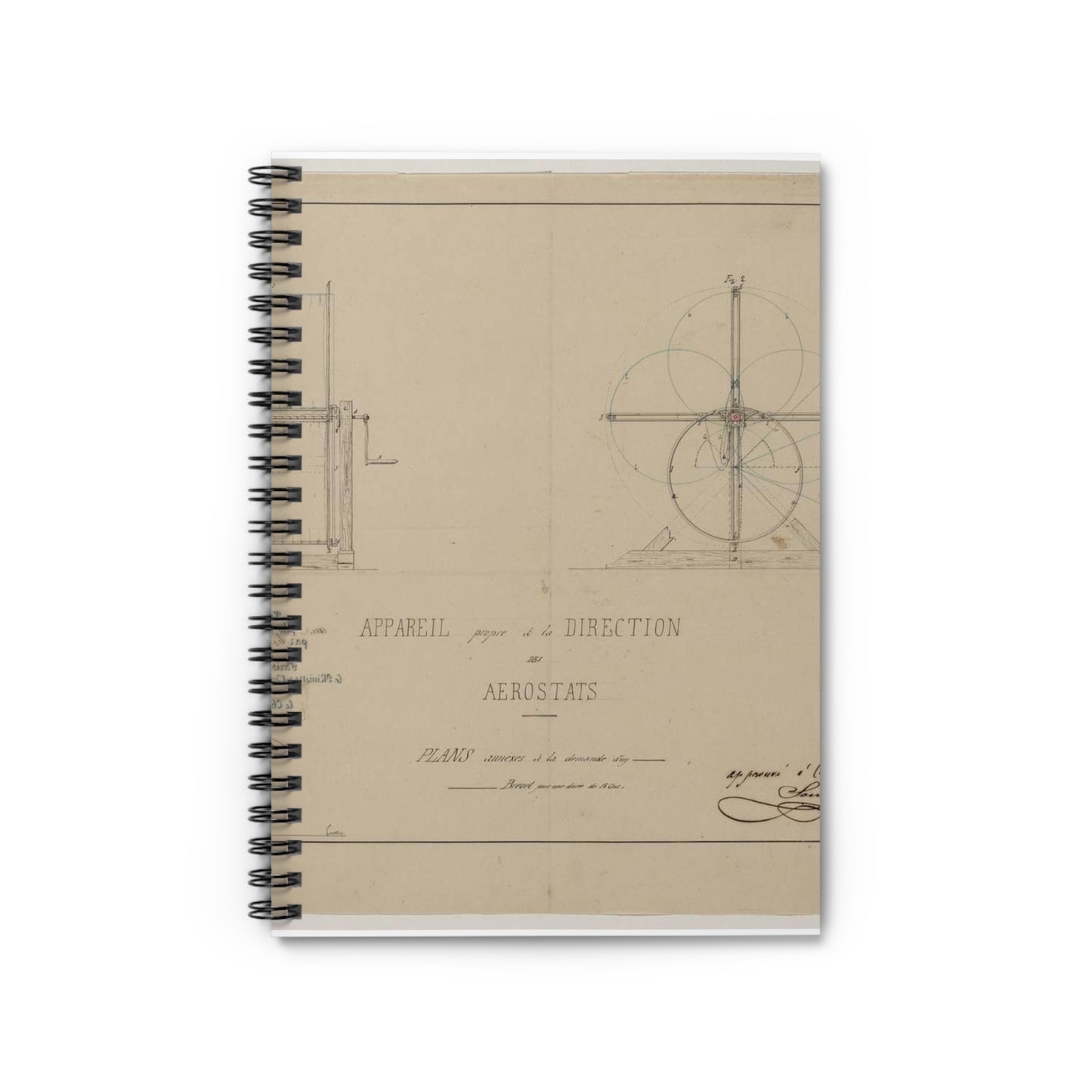 Patent drawing - Appareil propre à la direction des aerostats plans annèxes à la demande d'un brevet pour une durée de 15 ans / / apprové à [...] Sourbieu & Pre. Pradel, 1852 septembre 9. Public domain  image Spiral Bound Ruled Notebook with Printed Cover