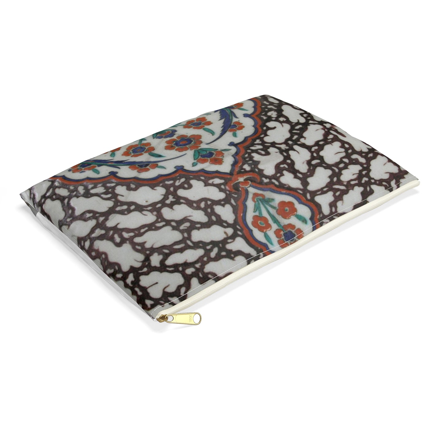 Tile with Floral Cartouche Design on Ebru (Marble Imitation Pattern) Background Large Organizer Pouch with Black Zipper