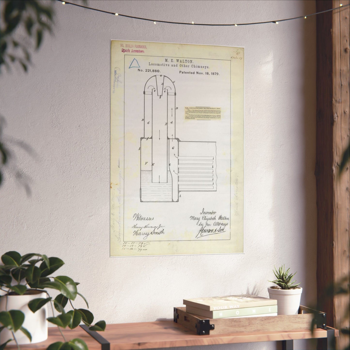 Patent Drawing of Engine - for M. E. Walton's Locomotive and Other Chimneys Public domain  image High Quality Matte Wall Art Poster for Home, Office, Classroom