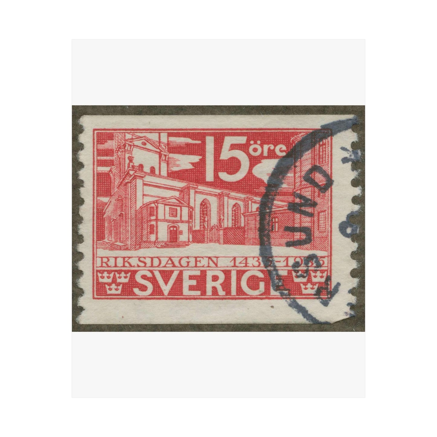 Frimärke ur Gösta Bodmans filatelistiska motivsamling, påbörjad 1950.Frimärke från Sverige. Motiv av Storkyrkan i Stockholm. "Den svenska riksdagen 500 år 1435-1935". High Quality Matte Wall Art Poster for Home, Office, Classroom