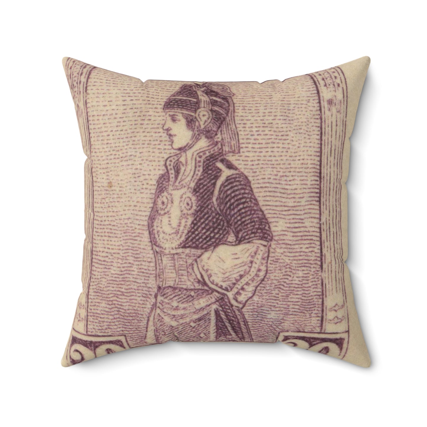 Frimärke ur Gösta Bodmans filatelistiska motivsamling, påbörjad 1950.Frimärke från GRekland, 1927. Motiv av Mecedonisk dräkt. Decorative Accent Square Pillow