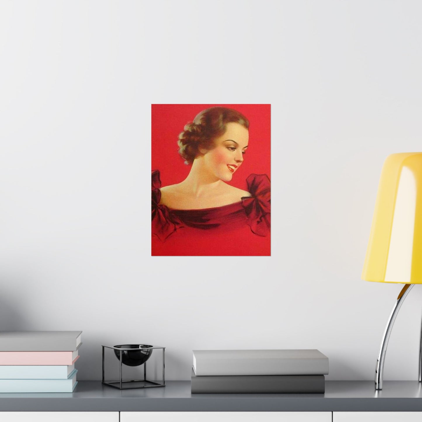 Brunette girl head, red background, painting by Edward Mason Eggleston High Quality Matte Wall Art Poster for Home, Office, Classroom