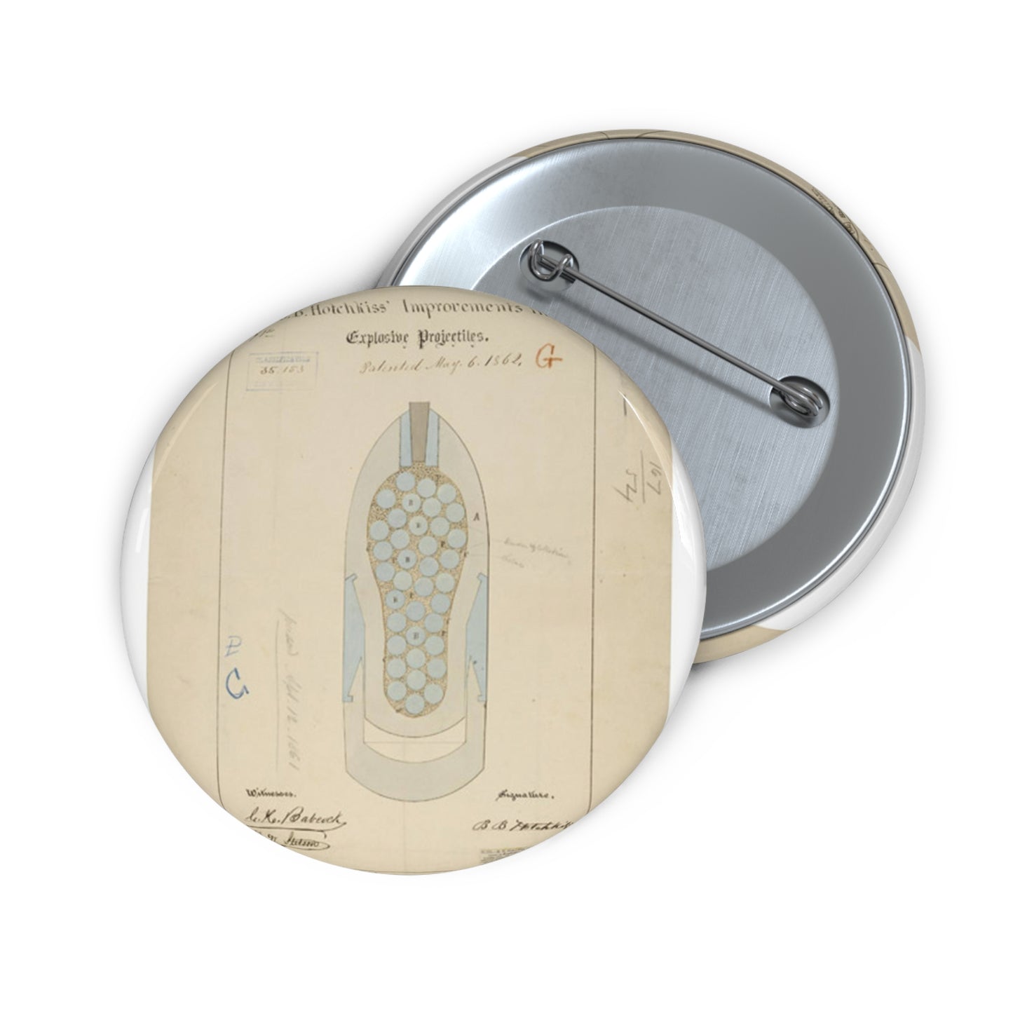 Patent drawing - Drawing of Improvements in Explosive Projectiles Public domain  image Pin Buttons with Crisp Design