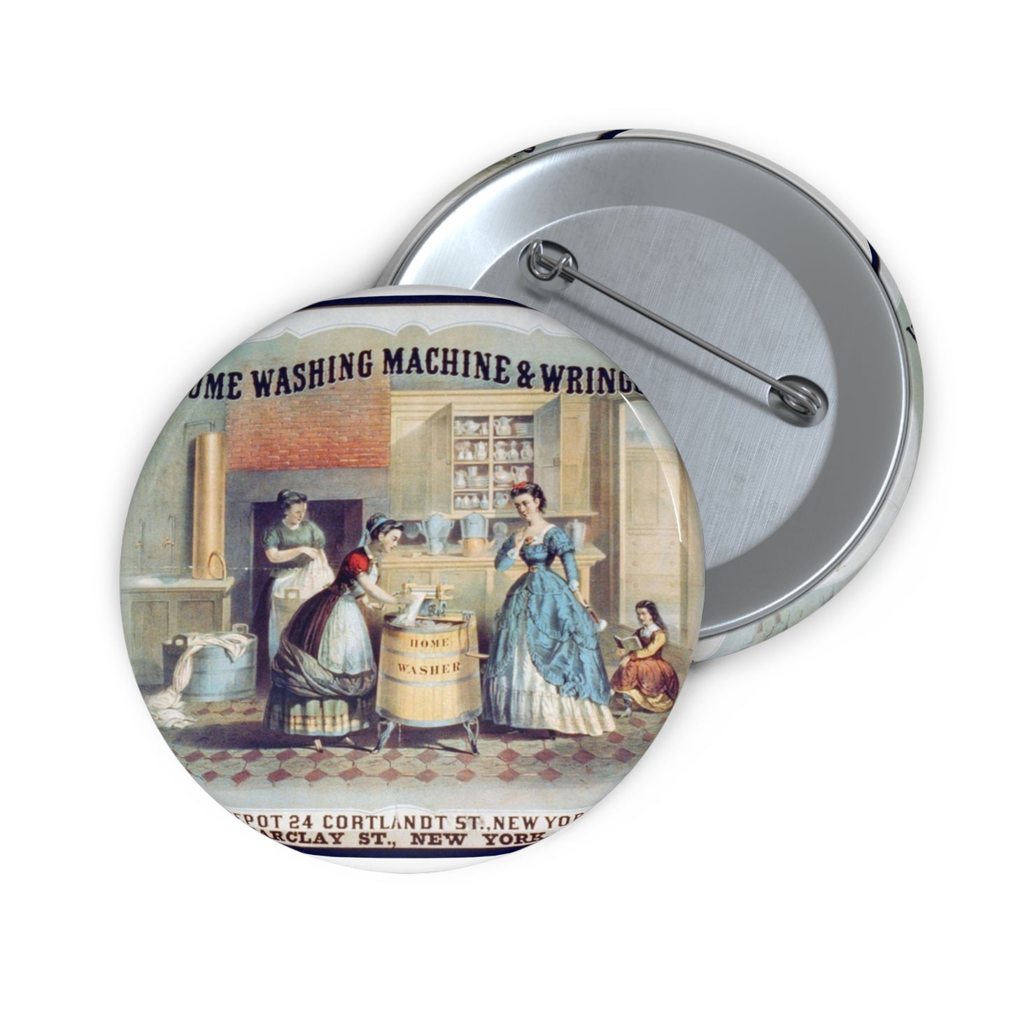 Home washing machine & wringer - A painting of women washing machines in a kitchen Pin Buttons with Crisp Design