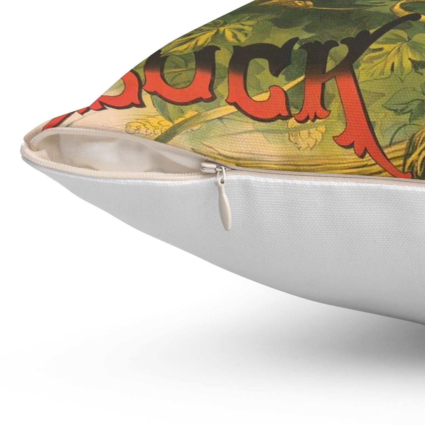 Bock Beer, the head of a goat inside an oval, with a stein of beer sitting on a bed of hops, underneath the oval Decorative Accent Square Pillow