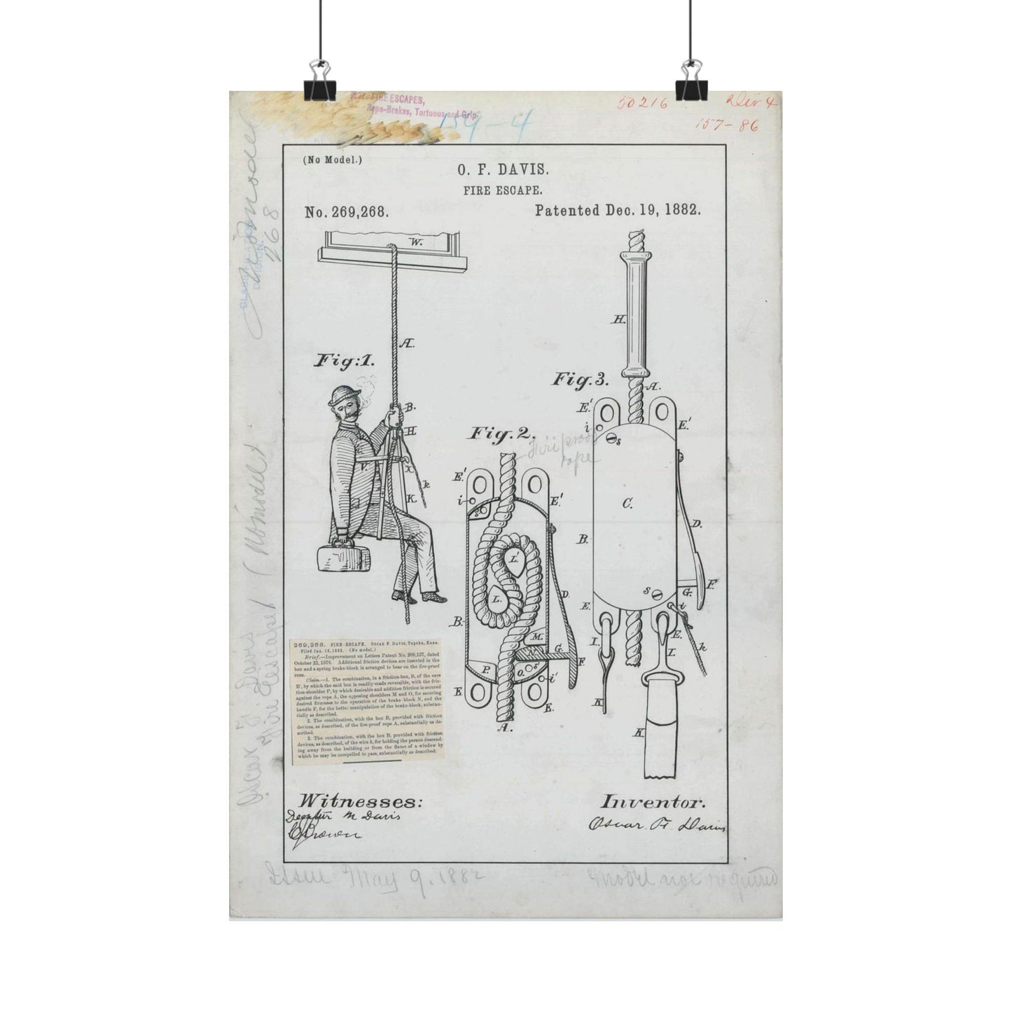 Patent Drawing of Engine - for O. F. Davis' Fire Escape Public domain  image High Quality Matte Wall Art Poster for Home, Office, Classroom