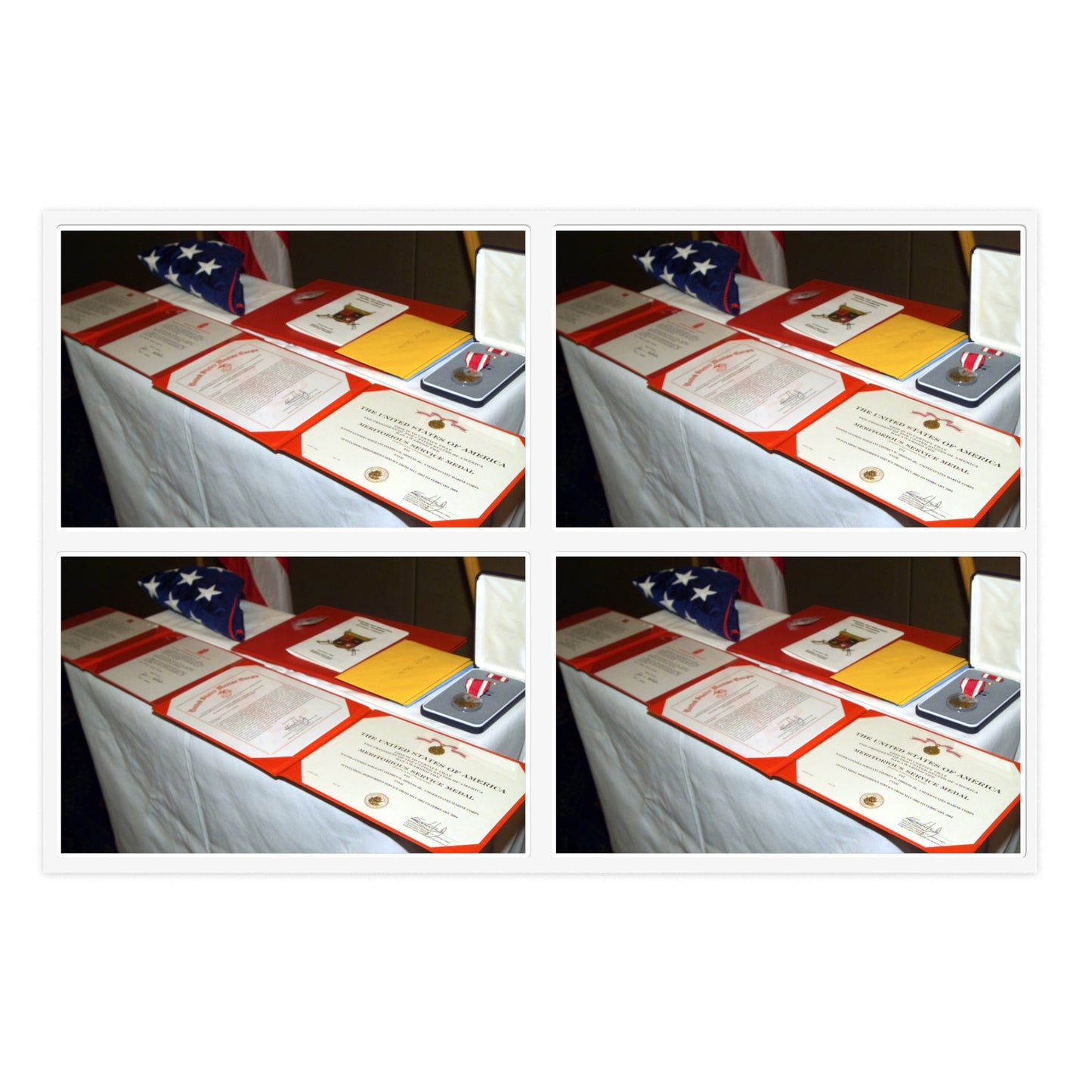 A display of US Marine Corps (USMC) MASTER GUNNERY Sergeant (MGYSGT) Stephen W. Shields' awards lay on a table during his retirement ceremony, at the Clubs of Quantico, Marine Corps Base (MCB) Quantico, Virginia Laminated UV Protective Vinyl Stickers