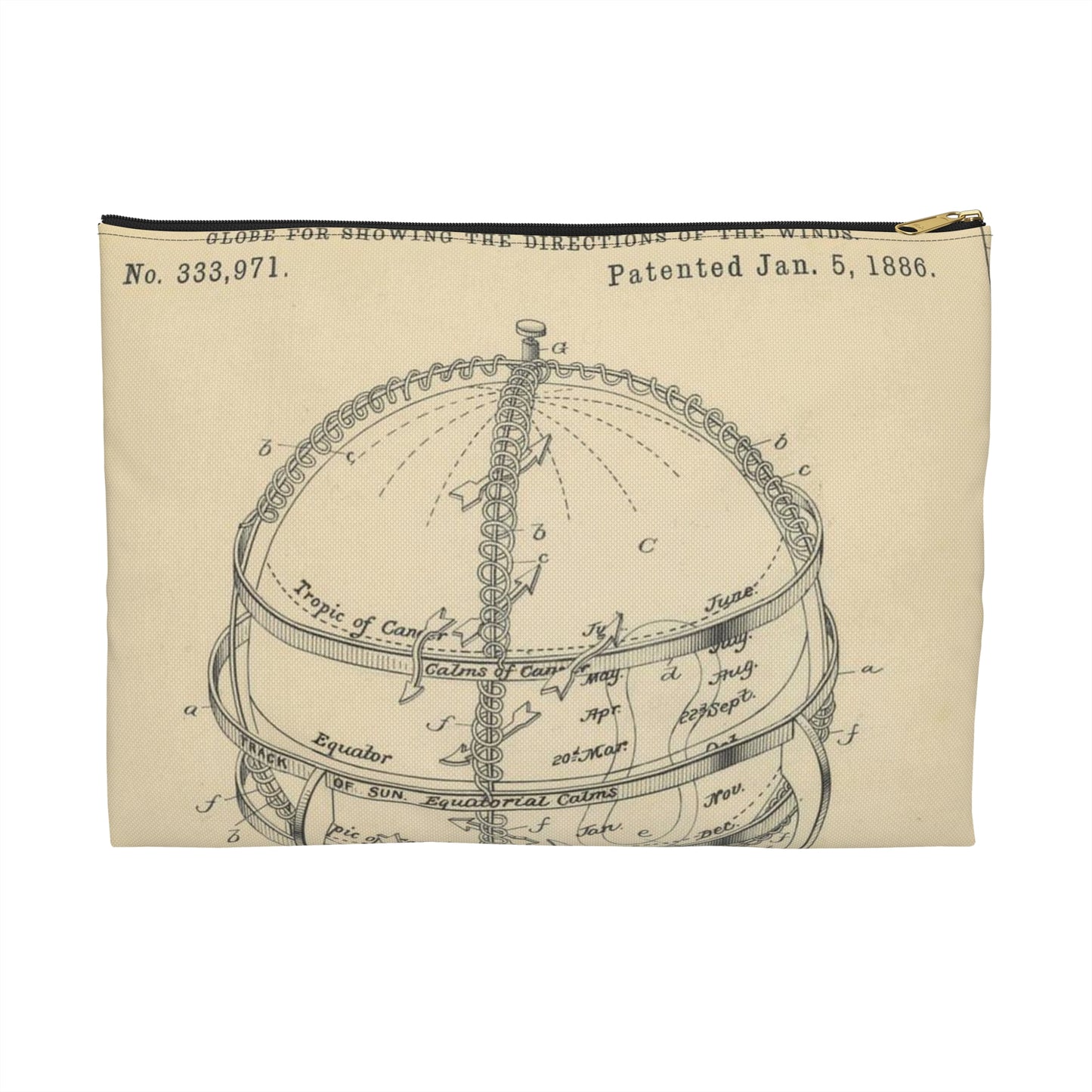 Patent Drawing of Engine - Drawing of a Globe for Showing Direction of the Winds Public domain  image Large Organizer Pouch with Black Zipper