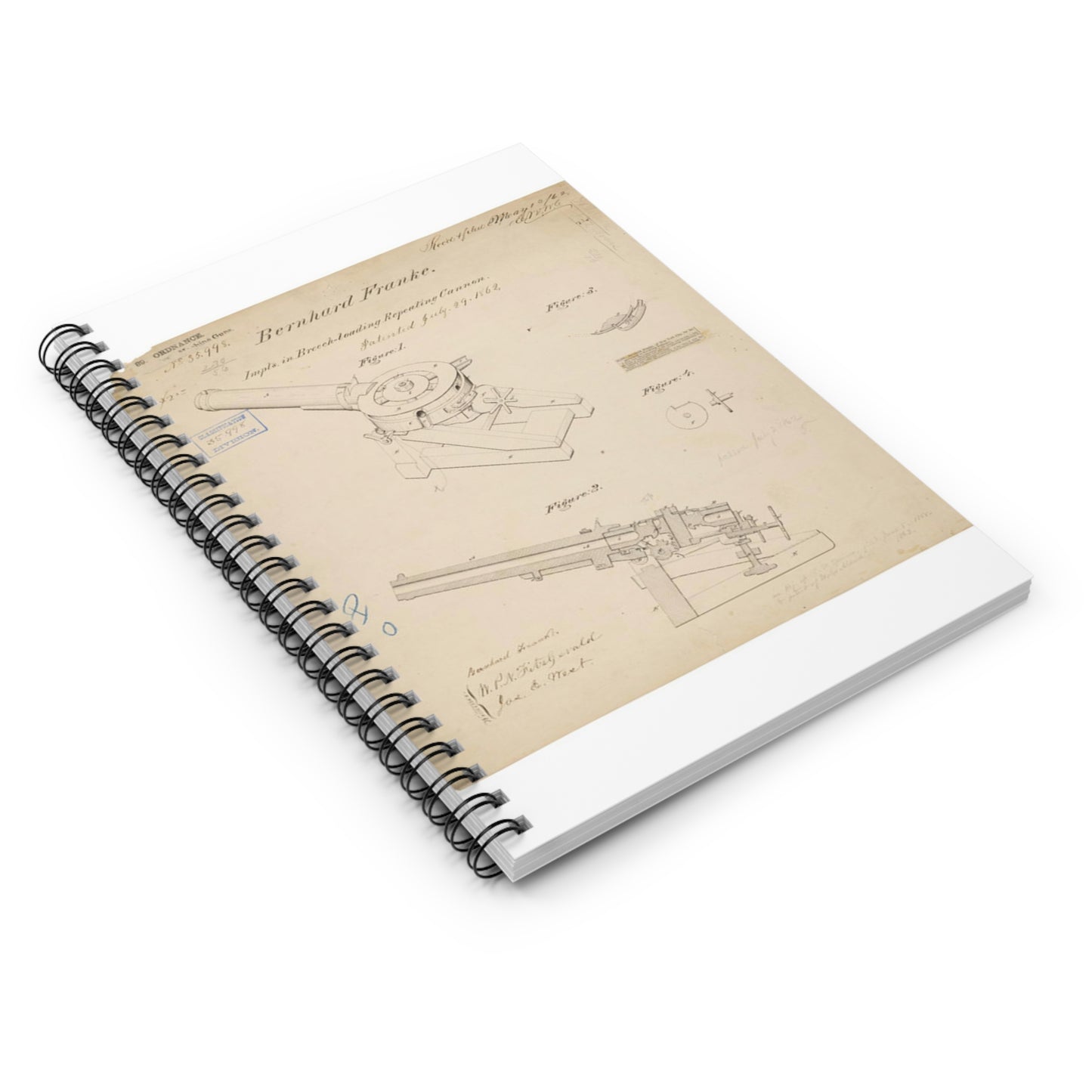 Patent drawing - Drawing of Improvements in Breech-Loading Repeating Cannon Public domain  image Spiral Bound Ruled Notebook with Printed Cover