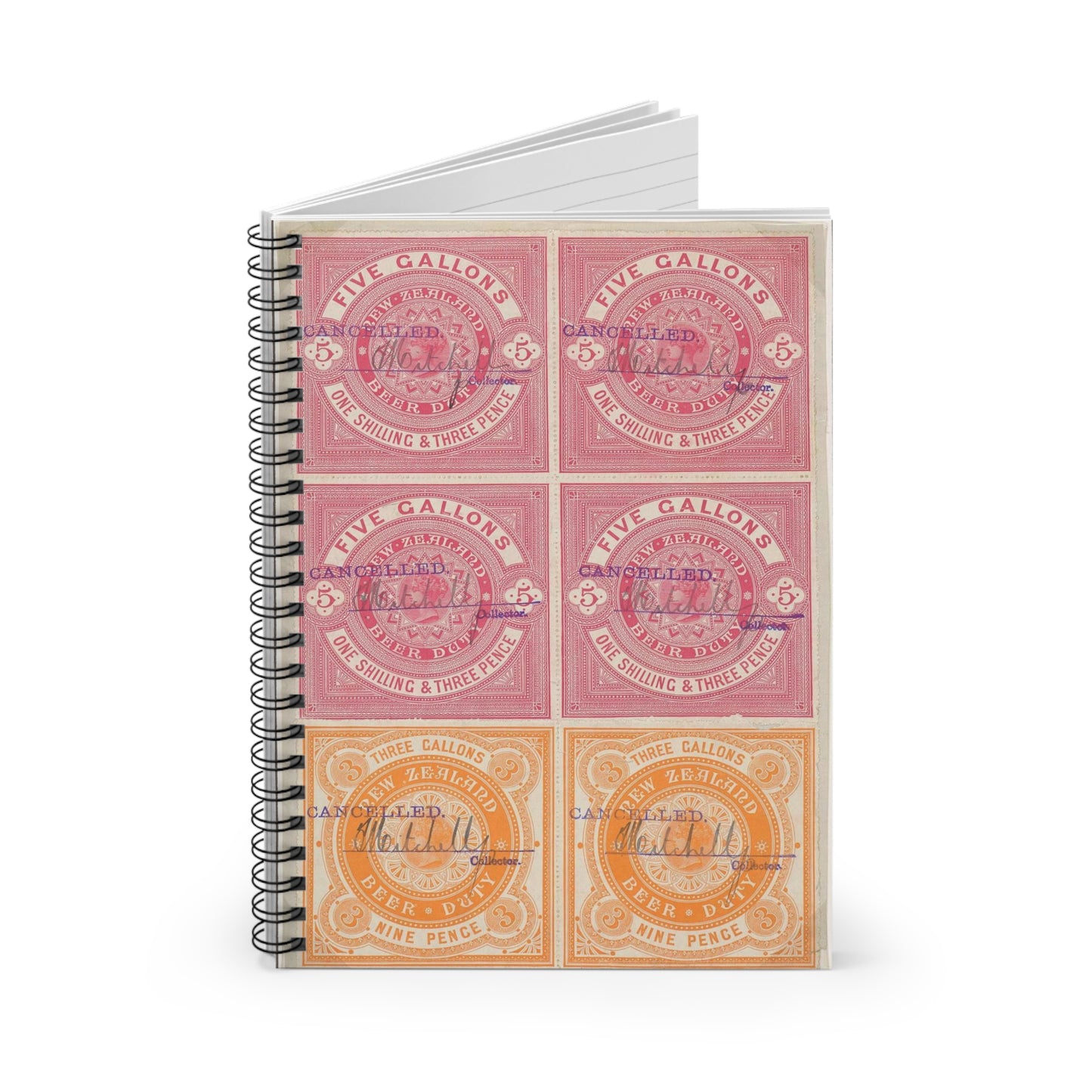 Beer duty stamps, five gallons and three gallons (cancelled) Spiral Bound Ruled Notebook with Printed Cover