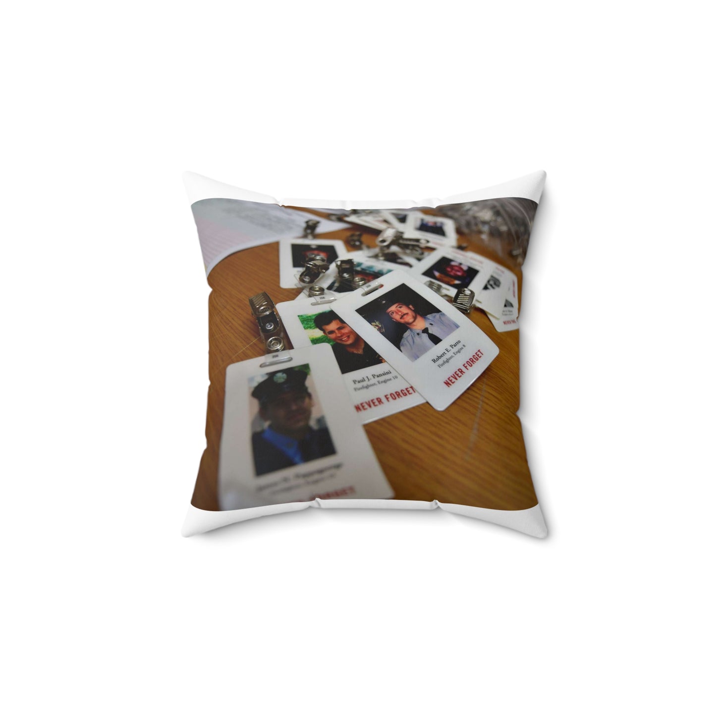 Badges with photos of 9/11 emergency responders, sit Decorative Accent Square Pillow