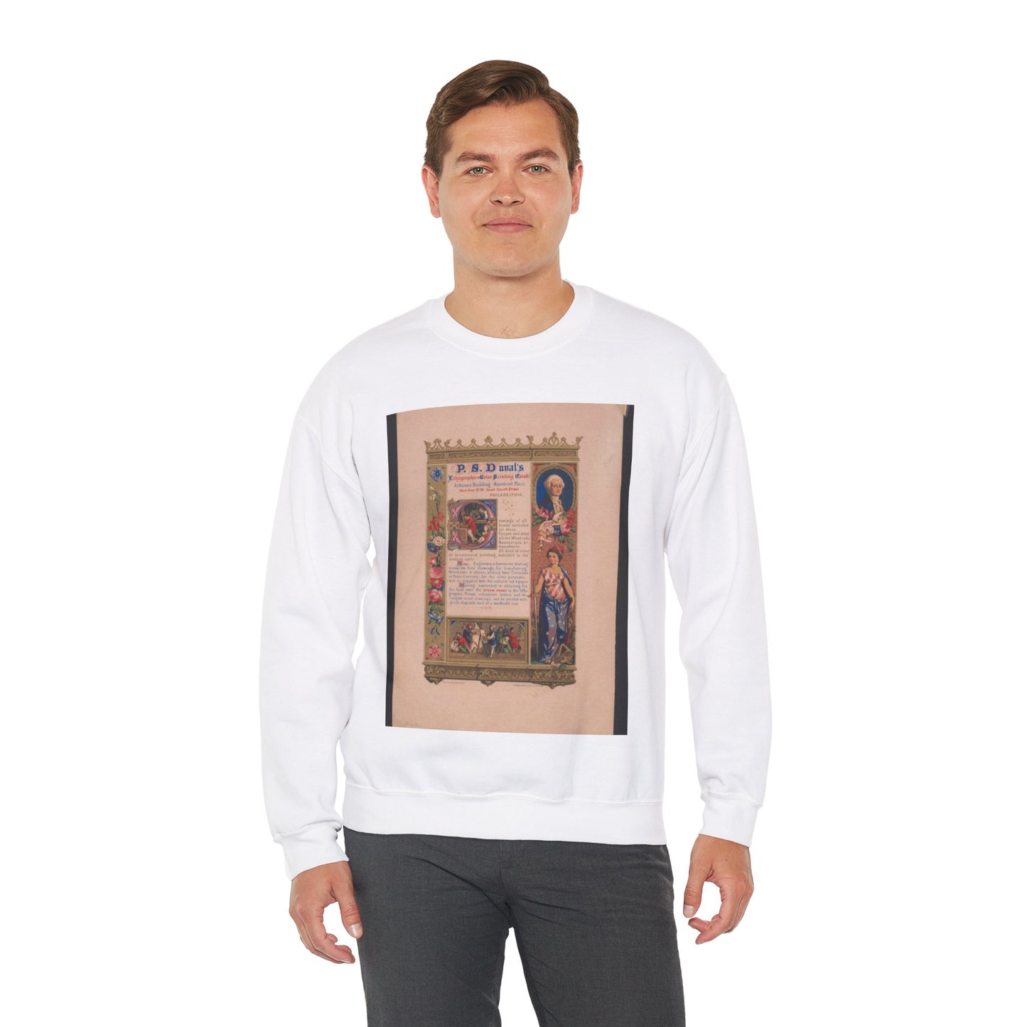 P.S. Duval's lithograhpic & color printing estab! Artizans Building Ranstead Place west from No. 26 South Fourth Street Philadelphia on stone by Schussele ; lith. & printed in color at the Estab! White Heavy Blend Adult Crew Neck SweatShirt