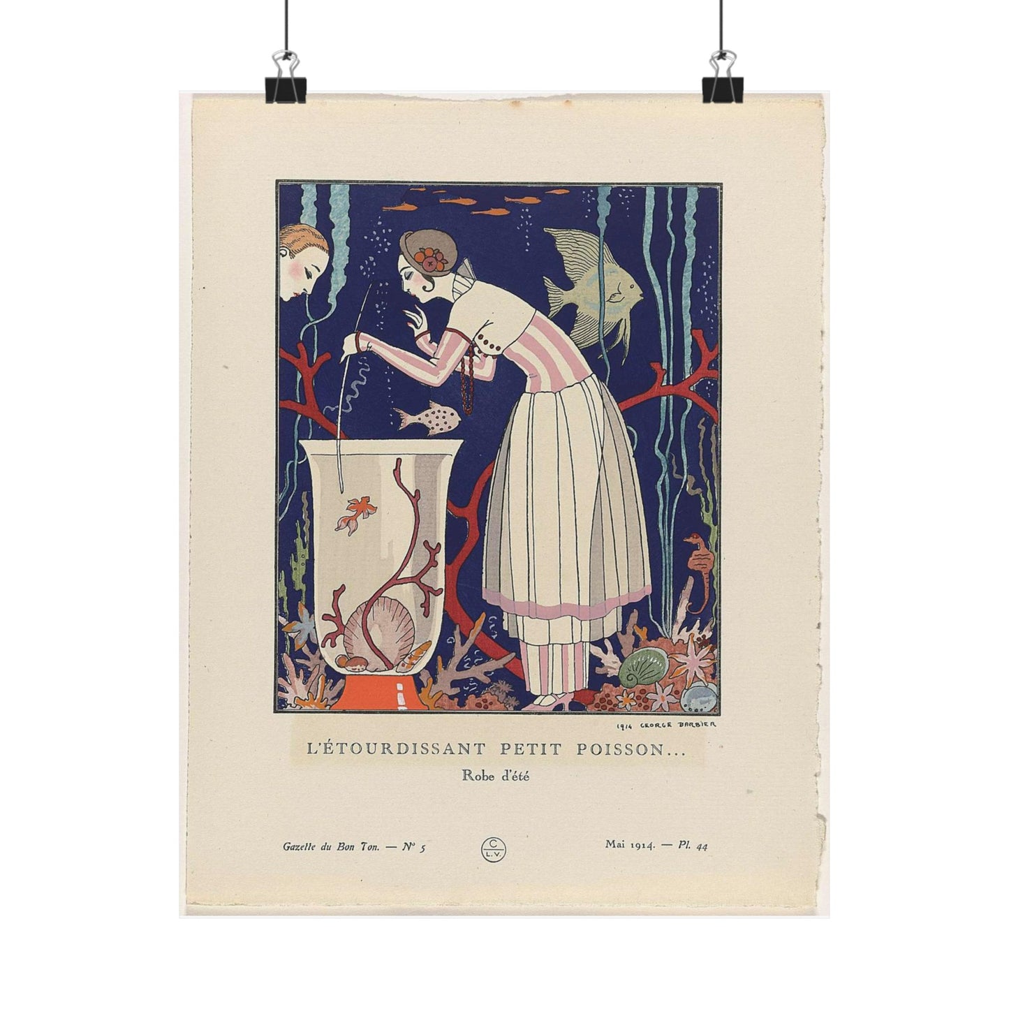 Gazette du Bon Ton, 1914 - No. 5, Pl. 44: L'étourdissant petit poisson (...) / Robe d'été High Quality Matte Wall Art Poster for Home, Office, Classroom