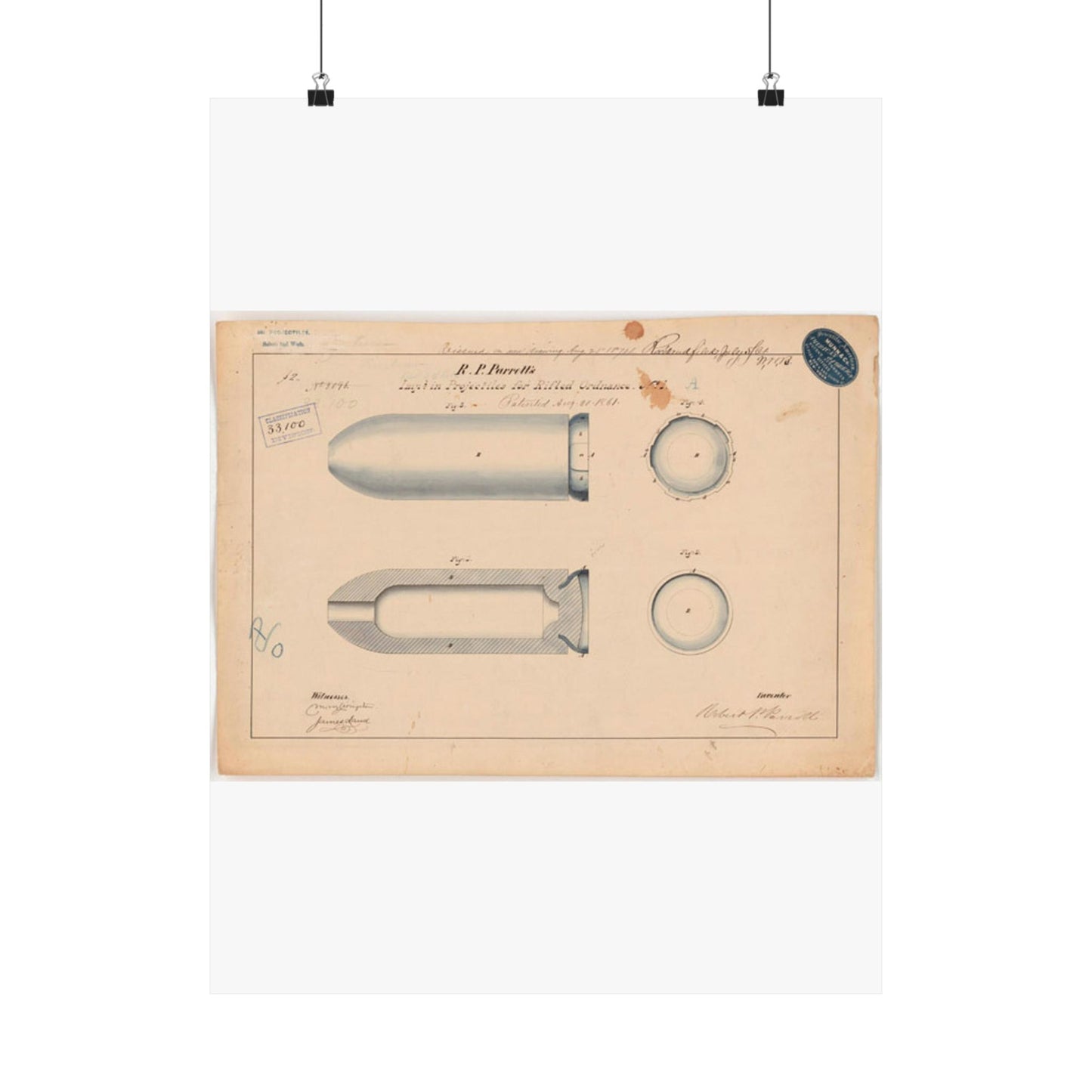 Patent drawing - Drawing of Improvement in Projectiles for Rifled Ordnance Public domain  image High Quality Matte Wall Art Poster for Home, Office, Classroom