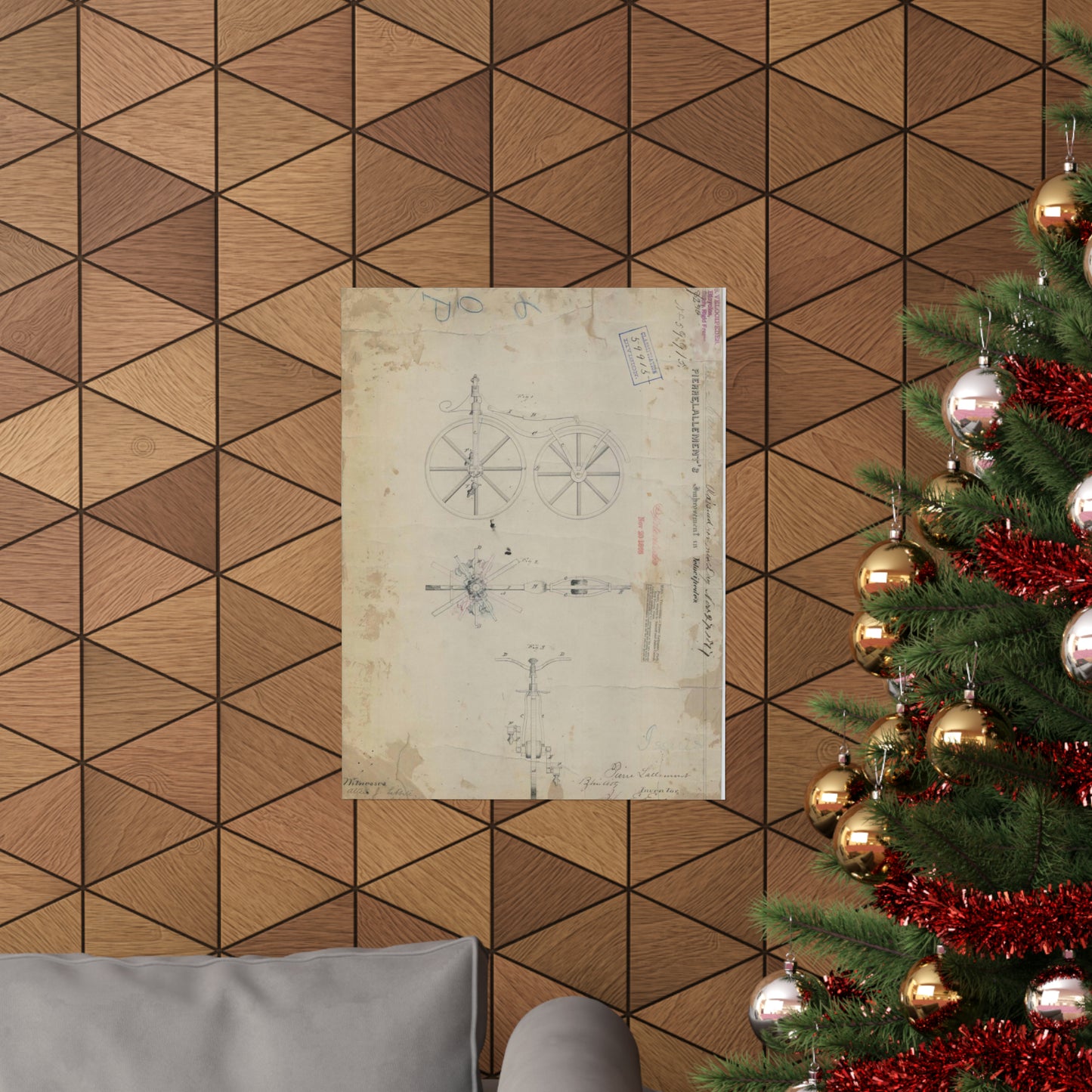 Patent drawing - for Pierre Lallement's Improvement in Velocipedes Public domain  image High Quality Matte Wall Art Poster for Home, Office, Classroom