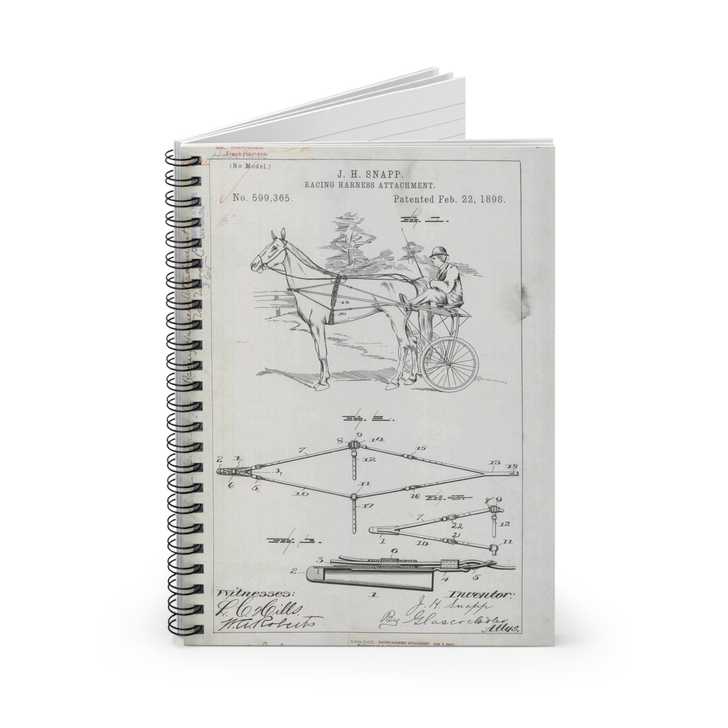 Patent drawing - for J. H. Snapp's Racing Harness Attachment Public domain  image Spiral Bound Ruled Notebook with Printed Cover
