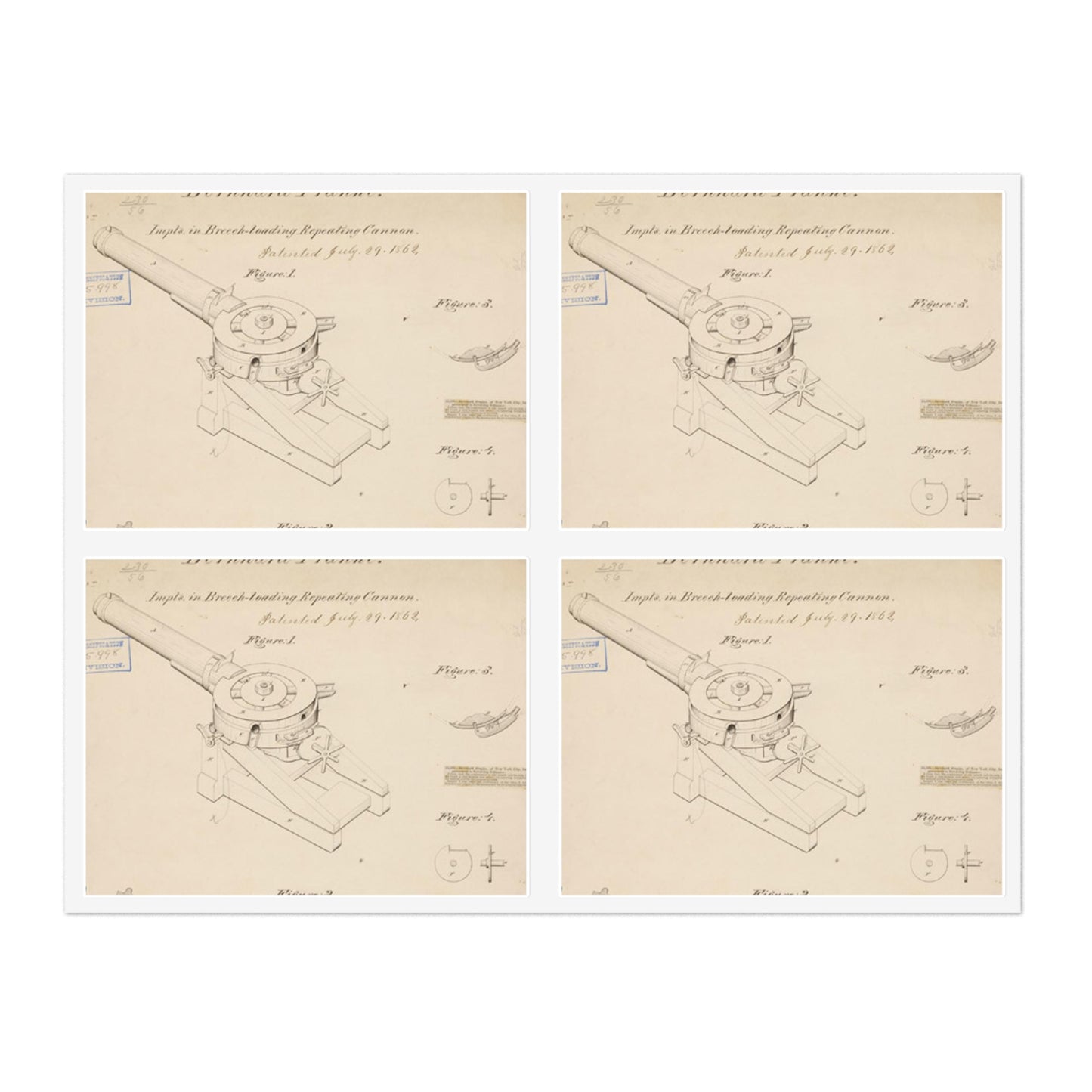 Patent drawing - Drawing of Improvements in Breech-Loading Repeating Cannon Public domain  image Laminated UV Protective Vinyl Stickers