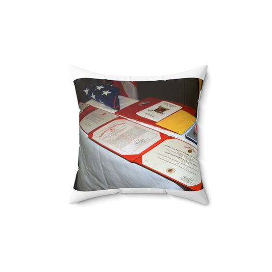 A display of US Marine Corps (USMC) MASTER GUNNERY Sergeant (MGYSGT) Stephen W. Shields' awards lay on a table during his retirement ceremony, at the Clubs of Quantico, Marine Corps Base (MCB) Quantico, Virginia Decorative Accent Square Pillow