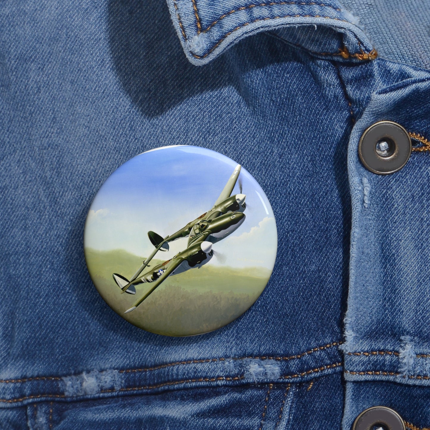 Artwork: "P-38 Lightning Artist: Dick Kramer (US Air Force Art Collection) Pin Buttons with Crisp Design