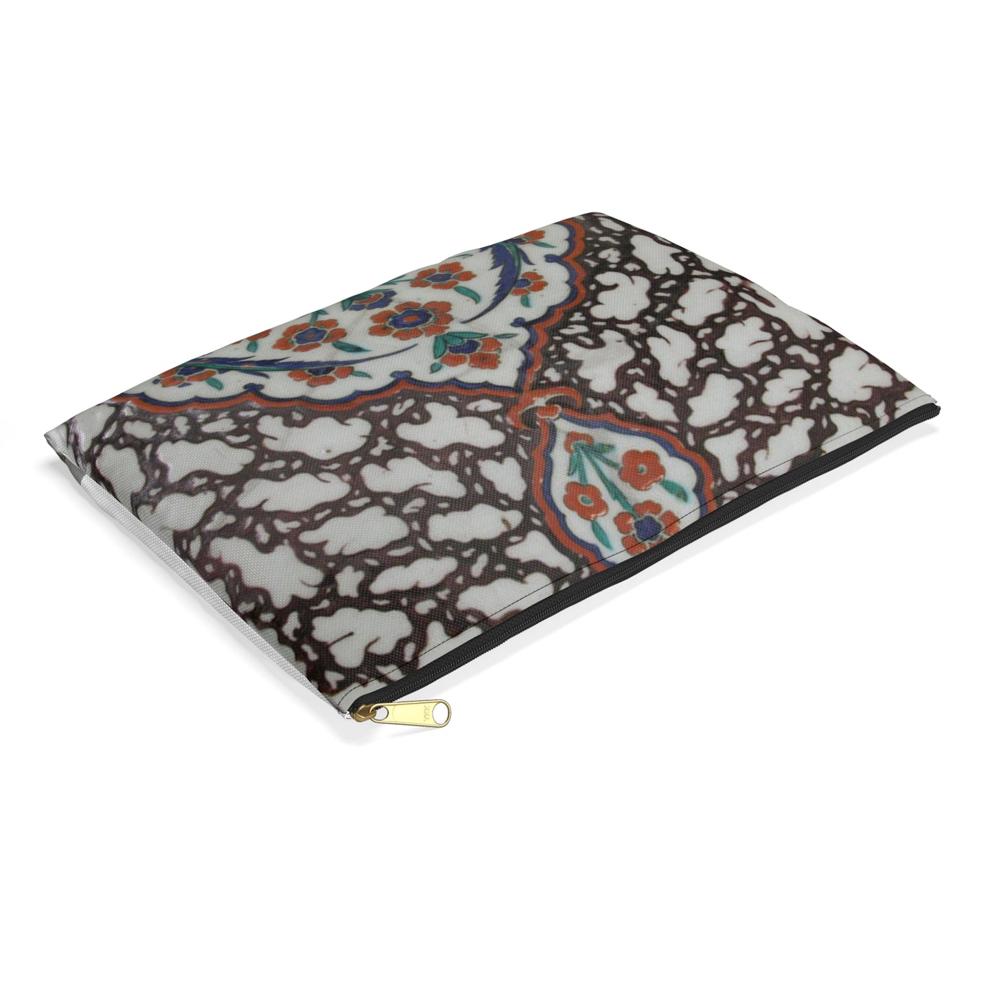 Tile with Floral Cartouche Design on Ebru (Marble Imitation Pattern) Background Large Organizer Pouch with Black Zipper