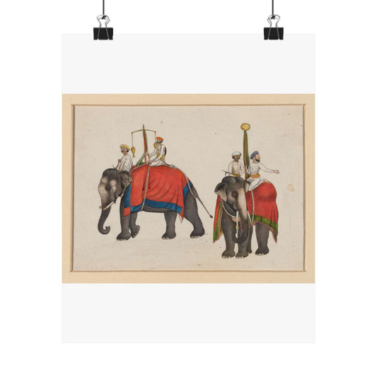 Two elephants carrying the fish and sun insignia of Mughal sovereignty High Quality Matte Wall Art Poster for Home, Office, Classroom